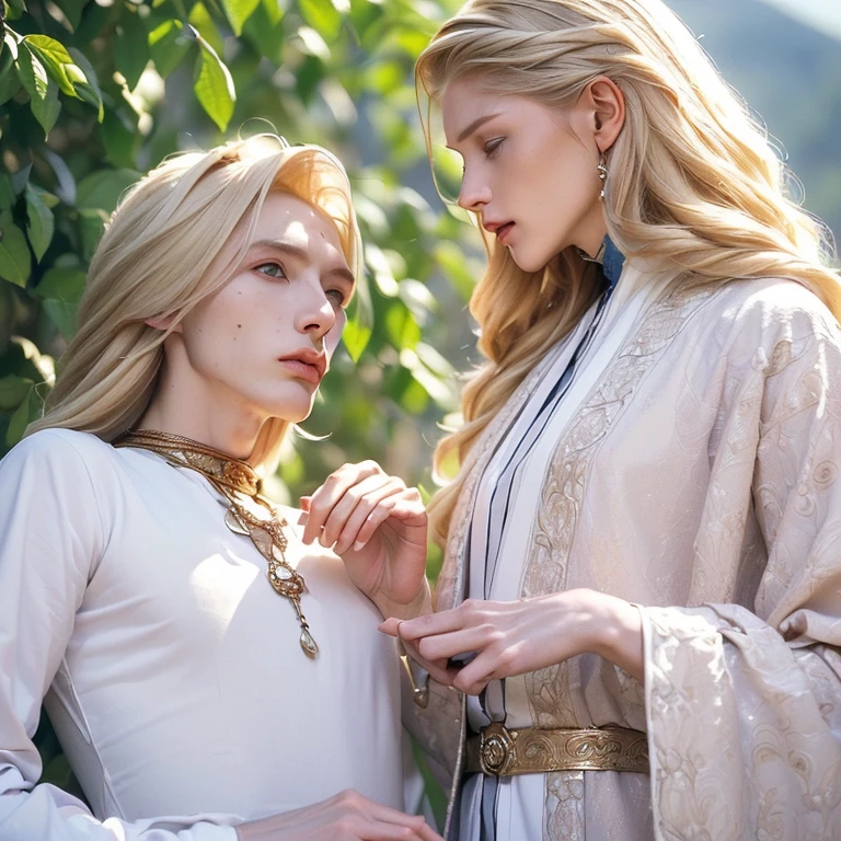 (masterpiece, best quality, 4k, photo:1.35), (good blonde Prince Ivan wants to kill depraved homosexual ageless immortal tall slender androgynous albino king Koschei, but there are two secrets: Ivan is a son of Koschei and Koschei's death is in his testicles:1.5)
