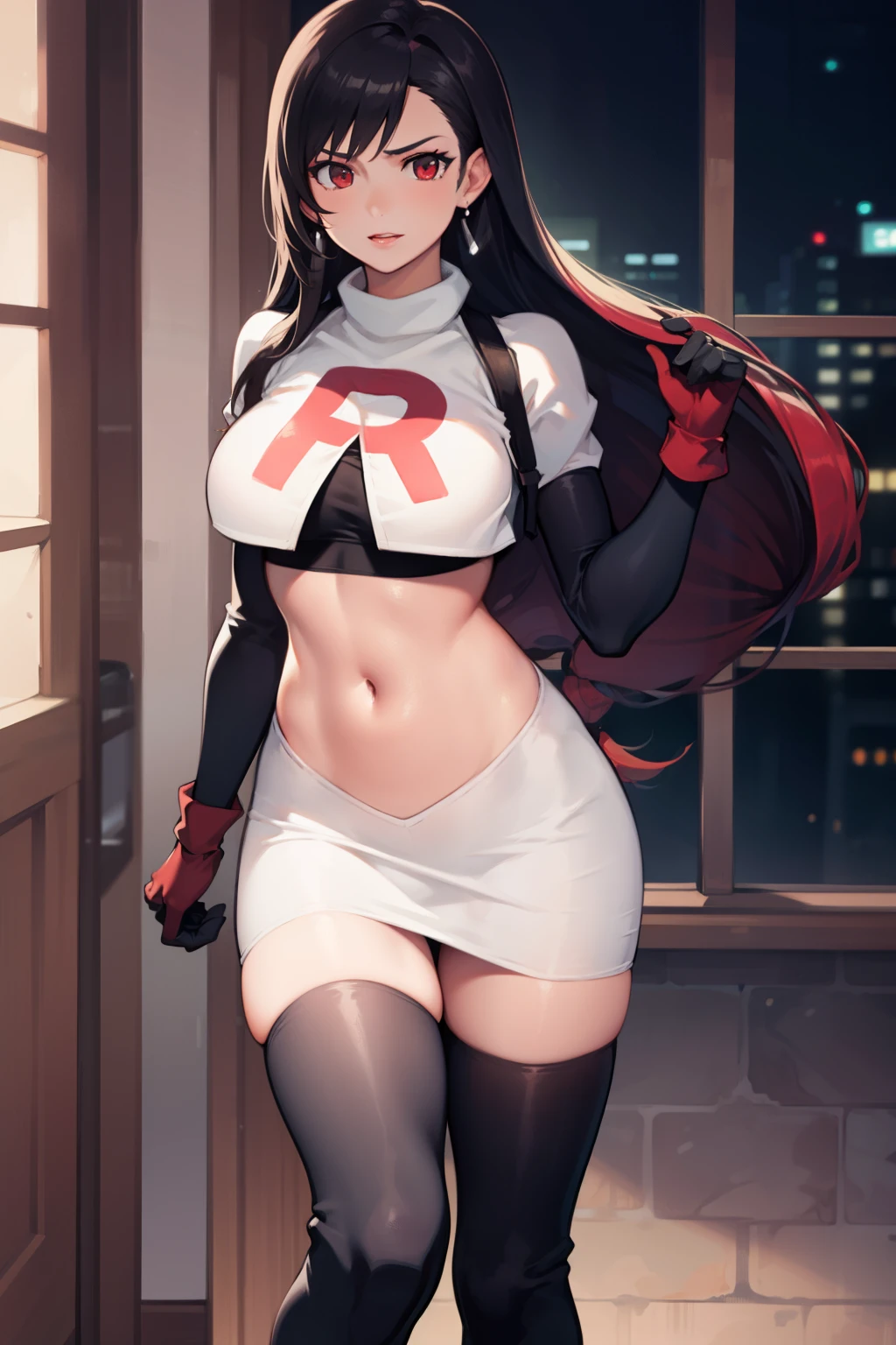 tifa ff7, black hair, long hair, red eyes ,glossy lips, light makeup, eye shadow, earrings ,team rocket,team rocket uniform, red letter R, white skirt,white crop top,black thigh-high boots, black elbow gloves,