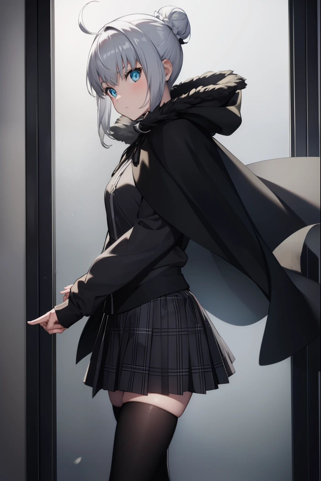 fgogray, gray, blue eyes, short hair, grey hair, ahoge,
BREAK hair bun, hair ribbon, ribbon, black cape, black footwear, black ribbon, black shirt, black thighhighs, cape, grey skirt, hood, long sleeves, miniskirt, plaid, plaid skirt, pleated skirt, ribbon, shirt, skirt, solo, thighhighs, zettai ryouiki,
BREAK looking at viewer,
BREAK indoors,
BREAK (masterpiece:1.2), best quality, high resolution, unity 8k wallpaper, (illustration:0.8), (beautiful detailed eyes:1.6), extremely detailed face, perfect lighting, extremely detailed CG, (perfect hands, perfect anatomy),