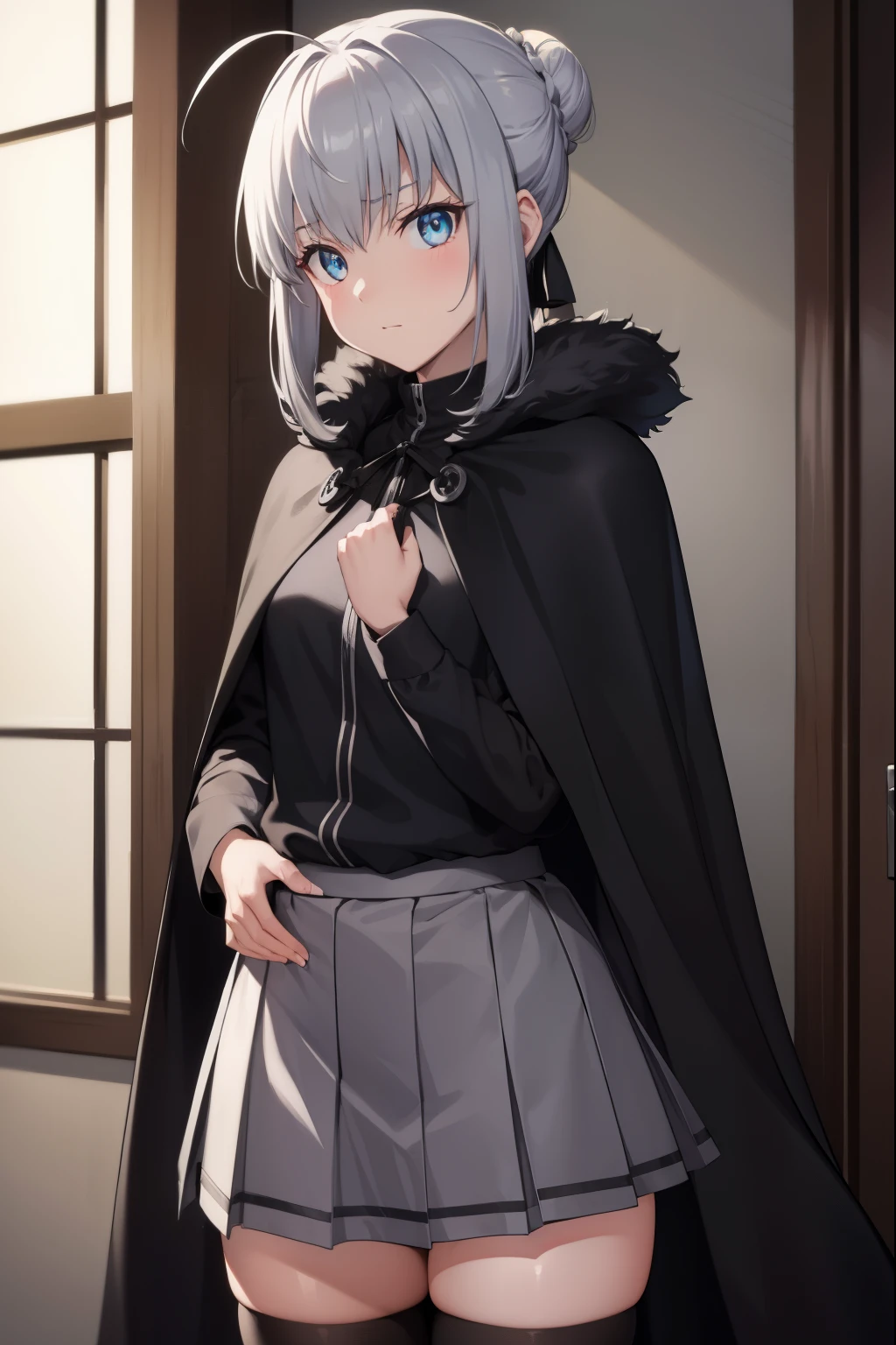 fgogray, gray, blue eyes, short hair, grey hair, ahoge, 
BREAK hair bun, hair ribbon, ribbon, black cape, black footwear, black ribbon, black shirt, black thighhighs, cape, grey skirt, hood, long sleeves, miniskirt, plaid, plaid skirt, pleated skirt, ribbon, shirt, skirt, solo, thighhighs, zettai ryouiki,
BREAK looking at viewer,
BREAK indoors,
BREAK (masterpiece:1.2), best quality, high resolution, unity 8k wallpaper, (illustration:0.8), (beautiful detailed eyes:1.6), extremely detailed face, perfect lighting, extremely detailed CG, (perfect hands, perfect anatomy),