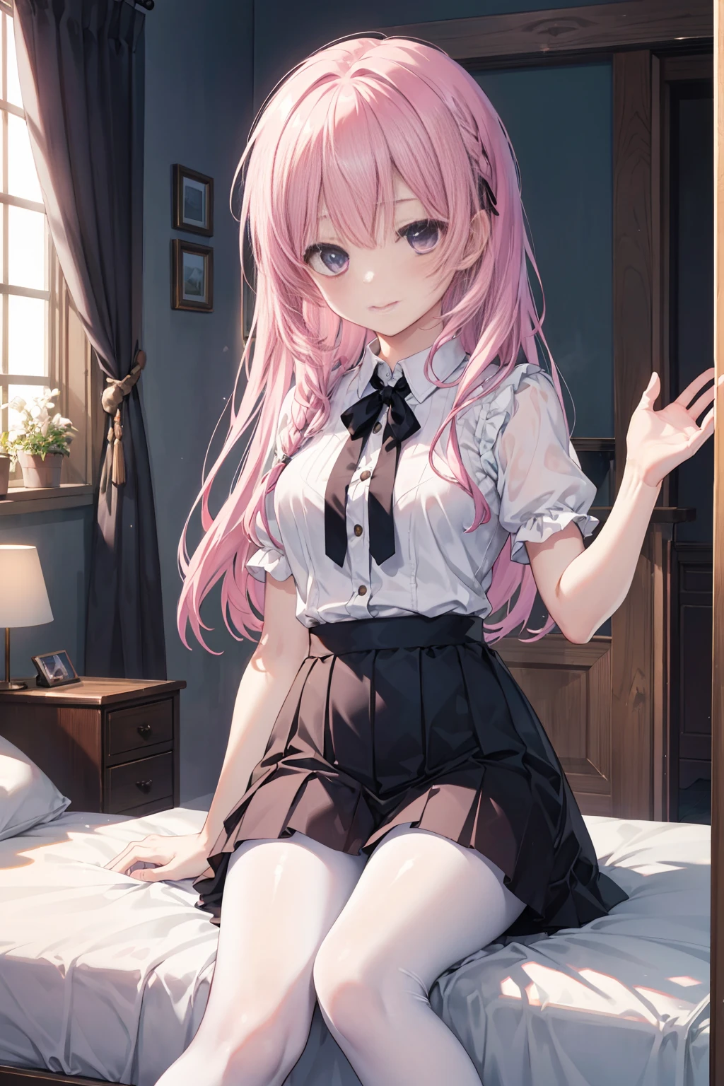 Purple eye,167cm height,55cm bust,RAW photogr, Camera gaze, ((quality, 8K, tmasterpiece: 1.3)), Focus sharp: 1.2, white shirt, black short skirt,nifty features, , adorable smile, Beautiful Woman with Perfect Style: 1.4, Slim abs: 1.2, mitsukasa ayase,Purple eye,Pink medium long hair, Smaller,, (natural soft light, : 1.1), Indoors,Indoors大厅里,sit on a bed,,Highly Detailed Face and Skin Textur, White transparent pantyhose,White underwear,7 figures
