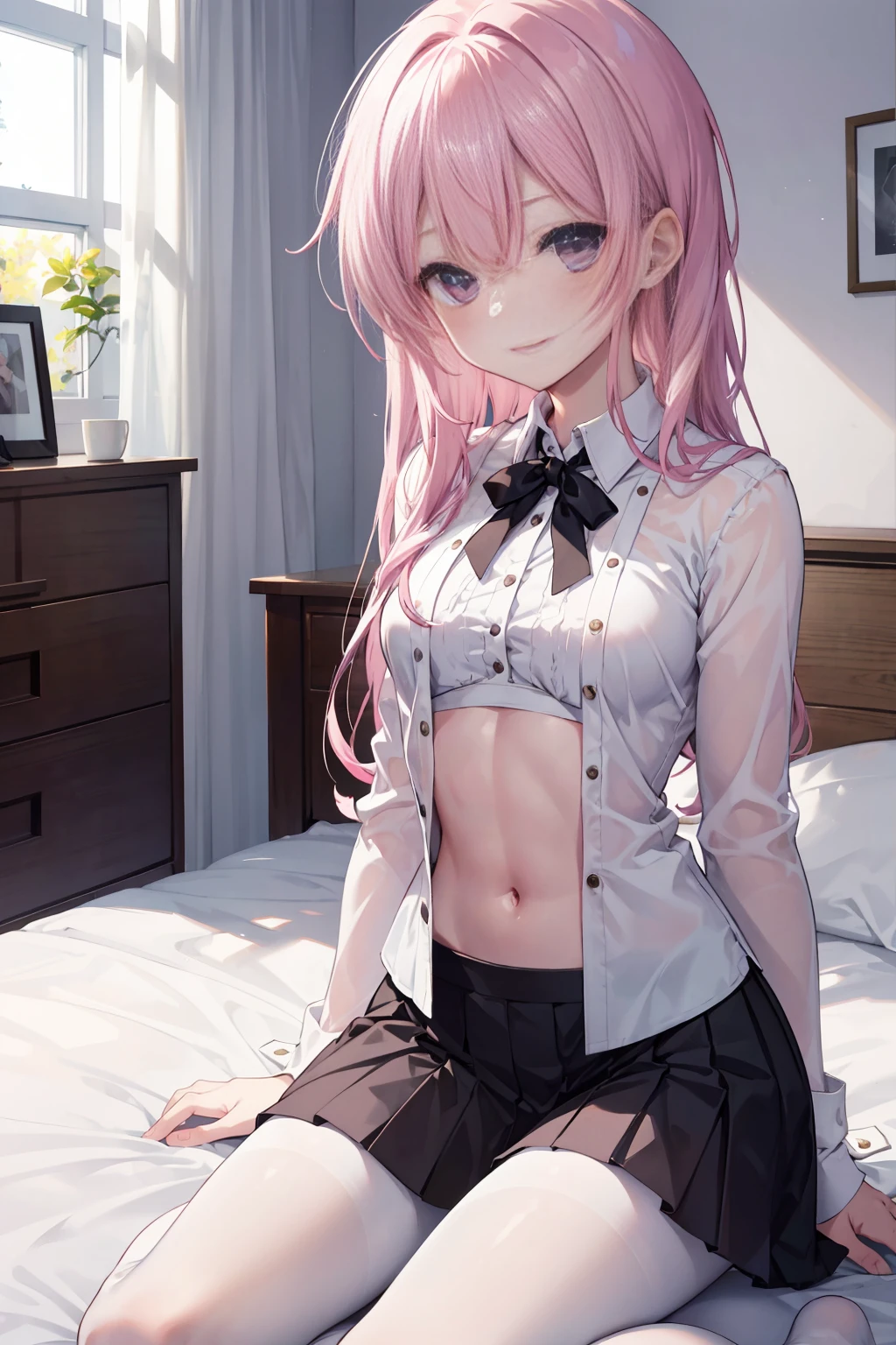 Purple eye,167cm height,55cm bust,RAW photogr, Camera gaze, ((quality, 8K, tmasterpiece: 1.3)), Focus sharp: 1.2, white shirt, black short skirt,nifty features, , adorable smile, Beautiful Woman with Perfect Style: 1.4, Slim abs: 1.2, mitsukasa ayase,Purple eye,Pink medium long hair, Smaller,, (natural soft light, : 1.1), Indoors,Indoors大厅里,sit on a bed,,Highly Detailed Face and Skin Textur, White transparent pantyhose,White underwear,7 figures
