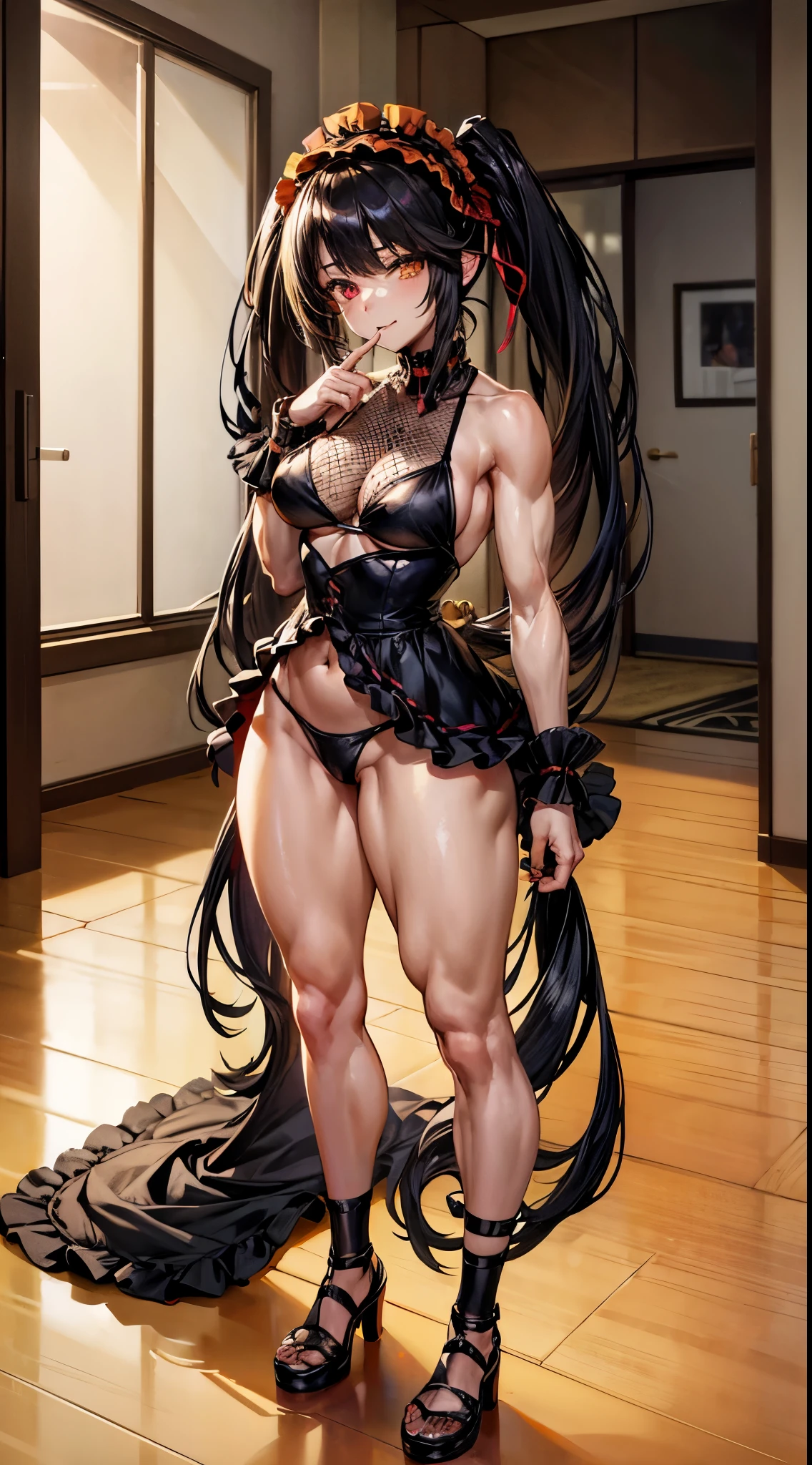 1 girl, bare shoulders, black hair, medium breasts, (muscular legs), bare legs, muscular belly, wide hips, thin waist, (((clock eyes))), (wearing a very short and sexy bikini), finger to the mouth, ( ((in the motel room))), full body, headband, (with her back to me showing me her big ass), (standing), heterochromia, index finger raised, black high heel shoes, ta hair band, long hair, Looking at the Viewer, red eyes, smiling, Lonely, symbol-shaped pupils, (Kurumi tokisaki), (twintails), yellow eyes,