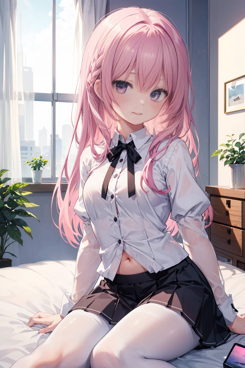 Purple eye,167cm height,55cm bust,RAW photogr, Camera gaze, ((quality, 8K, tmasterpiece: 1.3)), Focus sharp: 1.2, white shirt, black short skirt,nifty features, , adorable smile, Beautiful Woman with Perfect Style: 1.4, Slim abs: 1.2, mitsukasa ayase,Purple eye,Pink medium long hair, Smaller,, (natural soft light, : 1.1), Indoors,Indoors大厅里,sit on a bed,,Highly Detailed Face and Skin Textur, White transparent pantyhose,White underwear,7 figures