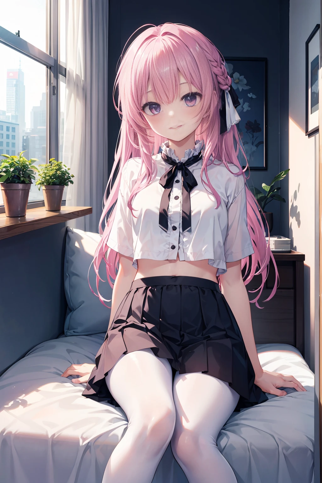 Purple eye，167cm height，55cm bust，RAW photogr, Camera gaze, ((quality, 8K, tmasterpiece: 1.3)), Focus sharp: 1.2, white  shirt, black short skirt，nifty features, , adorable smile, Beautiful Woman with Perfect Style: 1.4, Slim abs: 1.2, mitsukasa ayase,Purple eye，Pink medium long hair， Smaller,, (natural soft light, : 1.1), Indoors，Indoors大厅里，sit on a bed，，Highly Detailed Face and Skin Textur, White transparent pantyhose，White underwear，7 figures