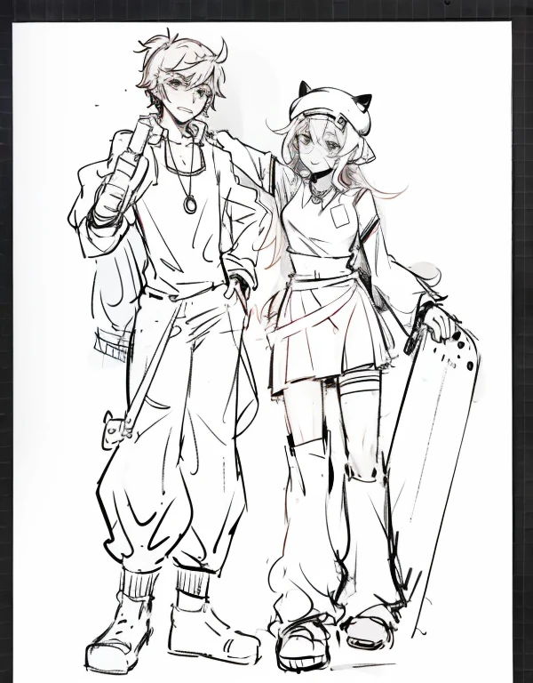 (8K), (Best quality at best: 1.2), (actual), (realisticlying: 1.37), hyper HD, 1 girl, A boy，holding skate board，ssmile，short  skirt，vests