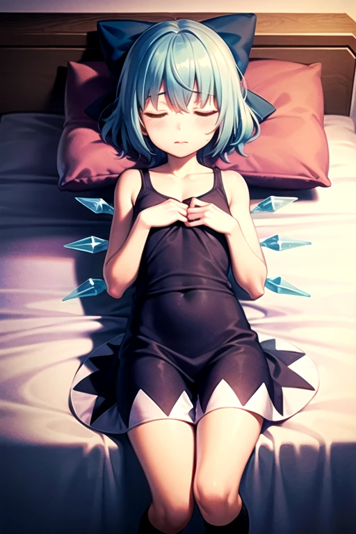 Cirno,bed,kneehighs,shy,asleep,pillow,((Best quality at best)), ((tmasterpiece)),