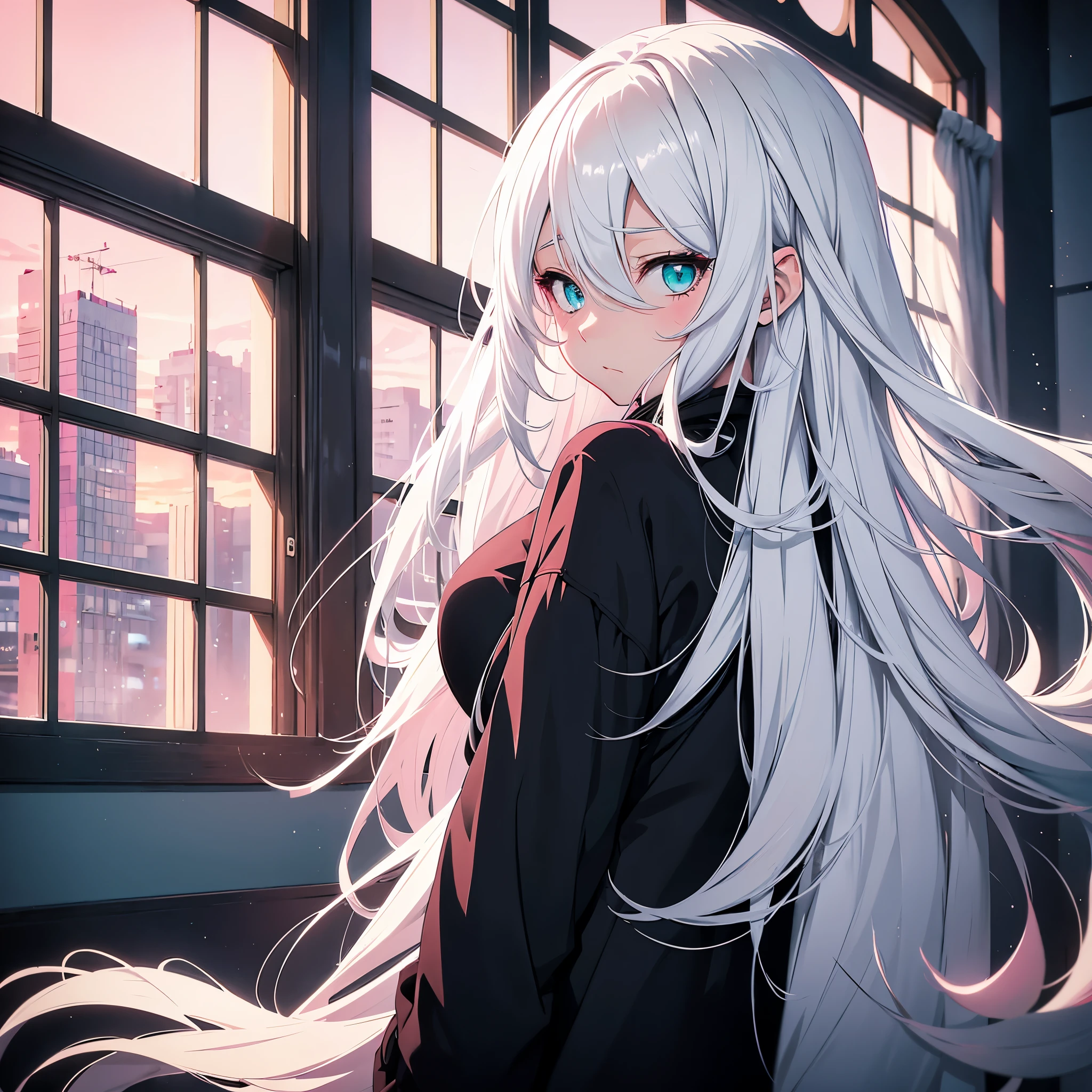 Anime, girl, white hair, very long hair,mint eyes, calm and embarrassed face, black coat with dragon pattern, white sweater under coat, black jeans, white room with several windows in the background, evening with pink sunset, volumetric lighting