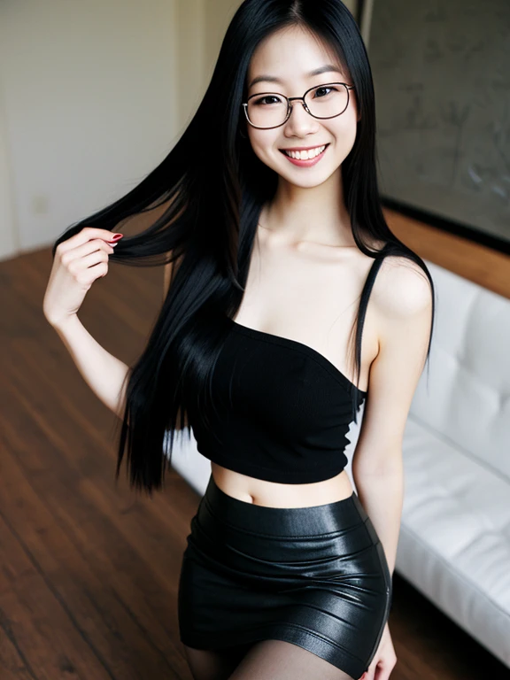 asian, glasses,  small breasts, topless, smile, sexy pencil skirt, tights, long straight hair, long legs