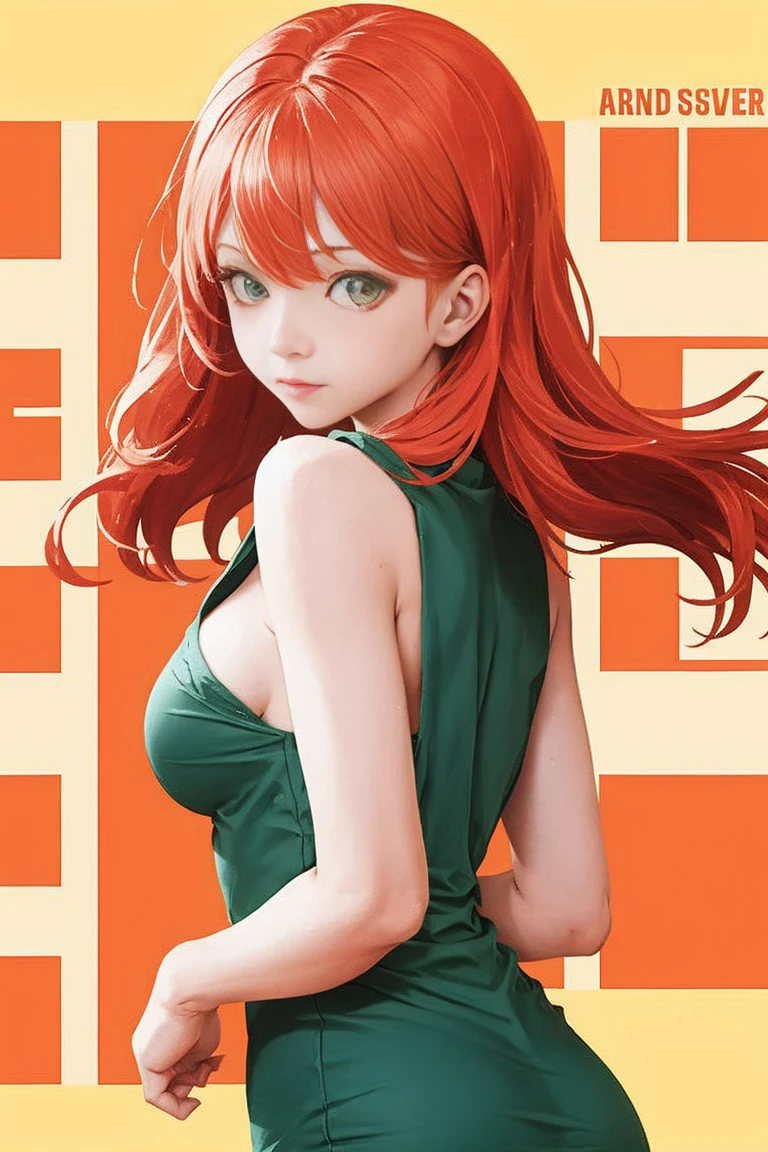 (masterpiece, best quality:1.3), english text, cover, 1girl, upper body, red hair, green dress, looking at viewer,