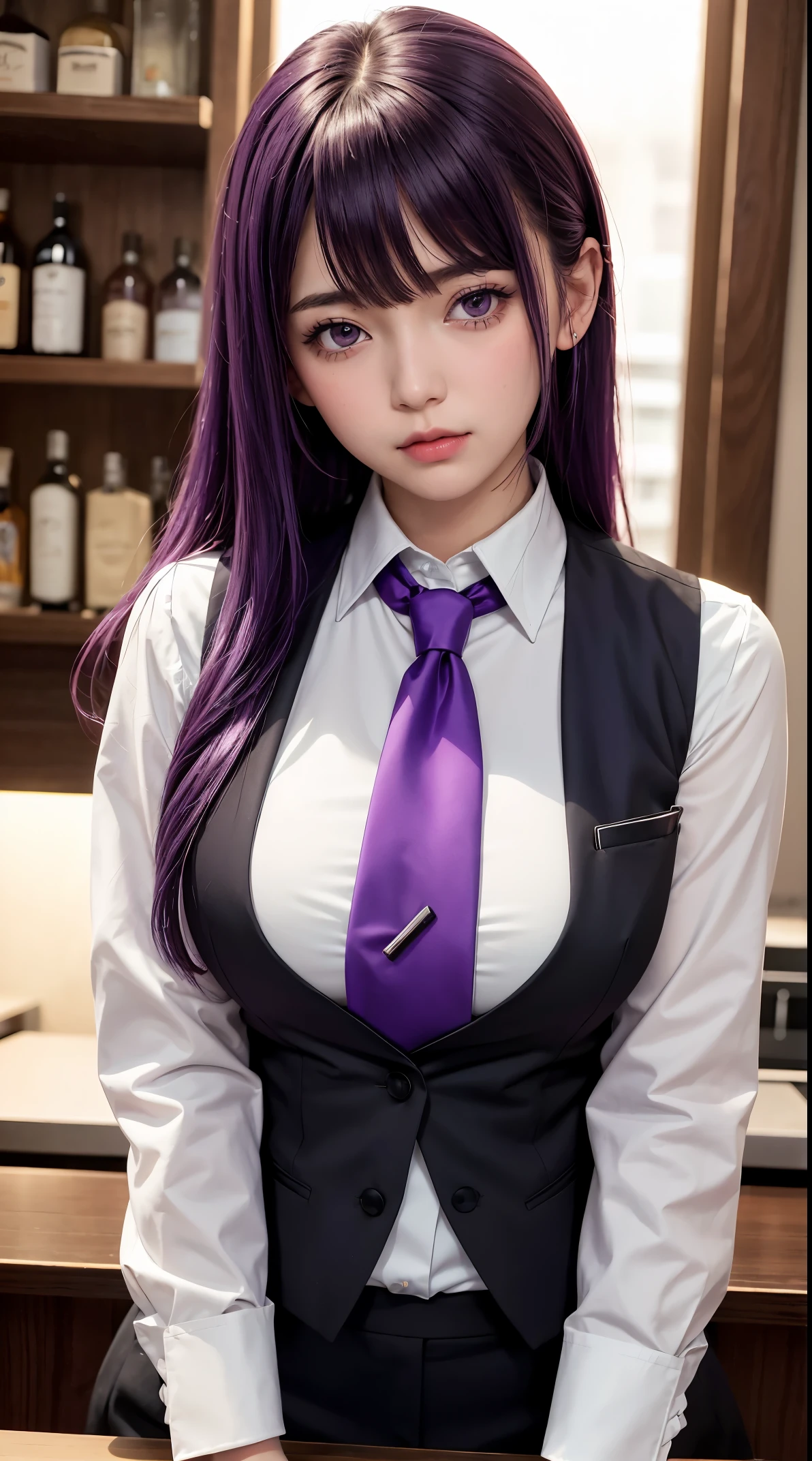 1girl, solo, bangs, blush, hand on own chest, jill stingray, long sleeves, looking at viewer, purple hair, medium breasts, necktie, shirt, solo, upper body, vest,  bartender, vest, white shirt,