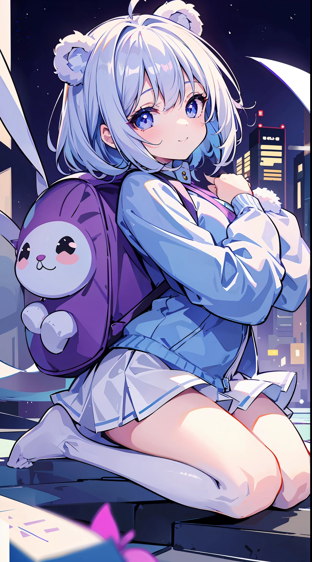 photo of a girl, smiling, looking at the viewer, beatiful 4k image, 8k, best details, shiny eyes, perfect eyes, fullbody in frame, sfw, wide eyes, big eyes, fhd, hdr, uhd, (masterpiece1.2) cute girl, (cyan bear jacket1.2) (purple bunny-shaped backpack1.3) cute backpack,  white hair, background : crowd, school bulding, day cloudy, marks in air, cute falling subjects) child, very child, chibi,