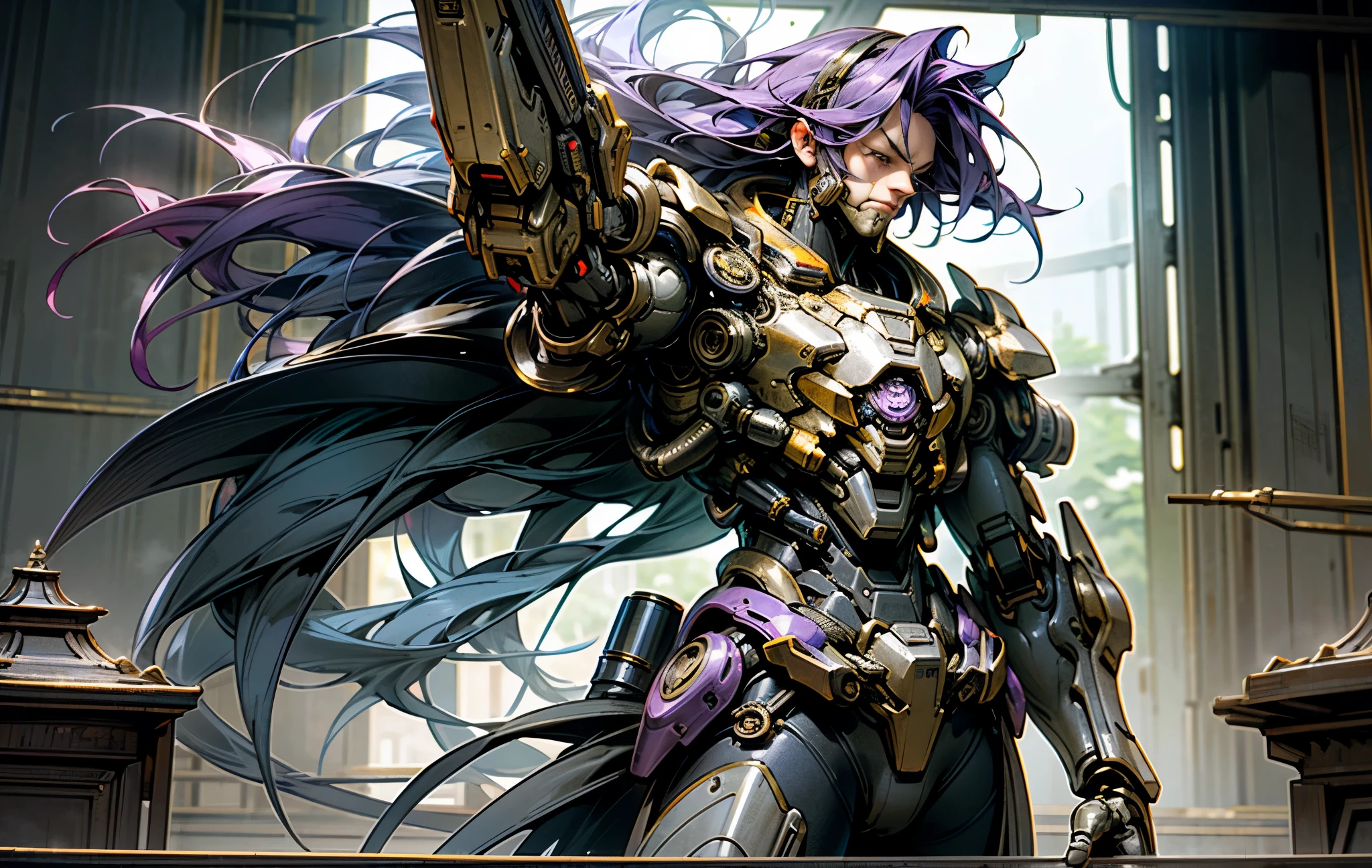 Dark_Fantasy,Cyberpunk,(chain saw,chain saw man,Red:1.1),1man,Mechanical marvel,Cybernetic guardian, (wearing a blue and gold worn-out mech suit with sharp fin edges and details, heavy steam exhaust escaping suit, intricate metal [rusty], braided violet hair flowing from suit), short plasma dagger in hand, clear focus, shot by greg rutkowski, soft lighting, vibrant colors, masterpiece, cowboy shot, dynamic pose, at gates of cyber Buddhist temple