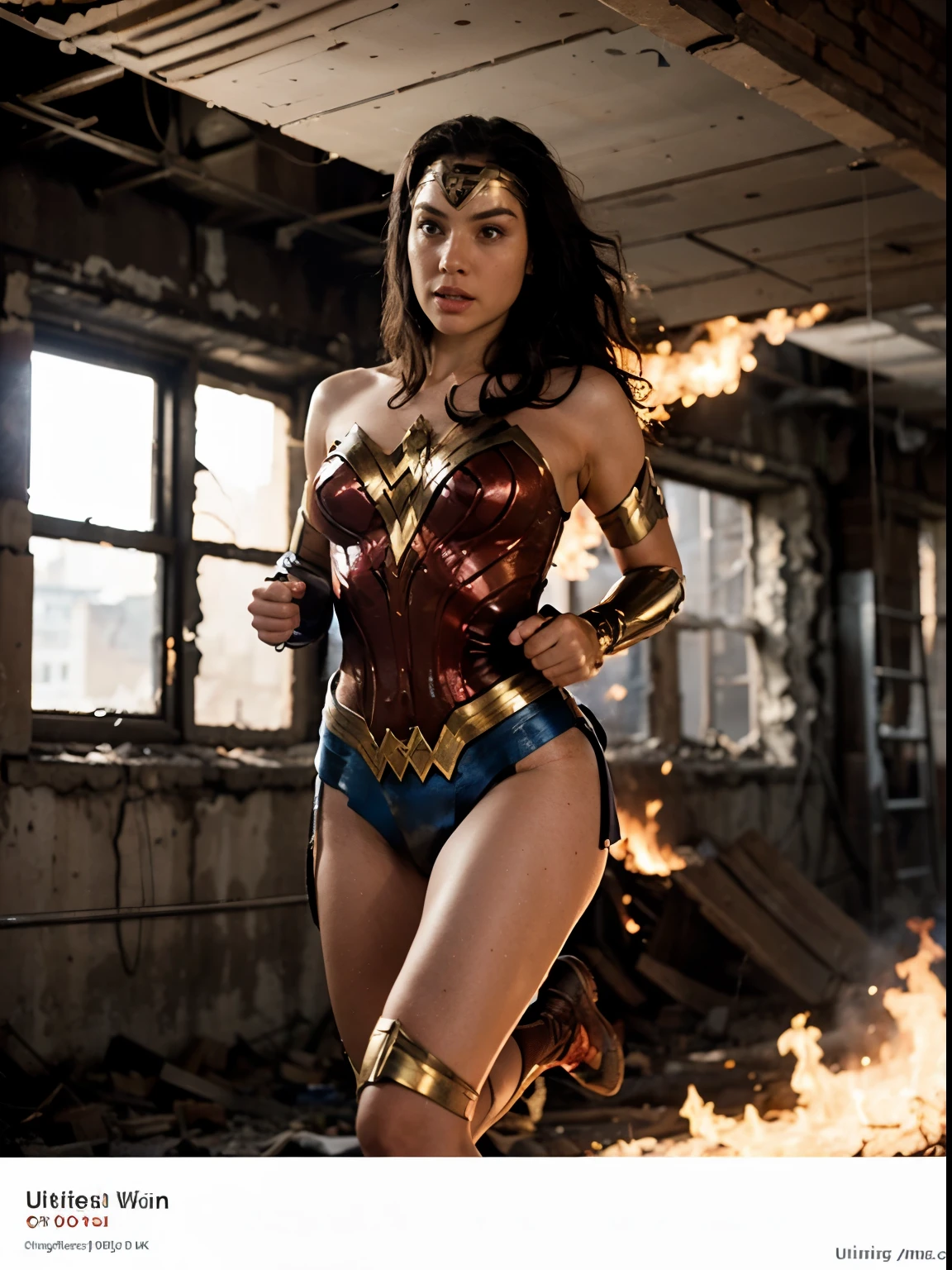 Wonder woman running through a burning building (Best Quality)), (Ultra-detailed), (extremely detailed CG unified 8k wallpaper), Highly detailed, High-definition raw color photos, Professional Photography, Amazing face
