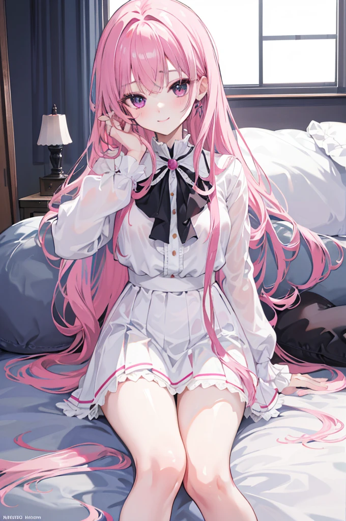 167cm height,55cm bust,RAW photogr, Camera gaze, ((quality, 8K, tmasterpiece: 1.3)), Focus sharp: 1.2, white shirt, black short skirt,nifty features, , adorable smile, Beautiful Woman with Perfect Style: 1.4, Slim abs: 1.2, mitsukasa ayase,Purple eye,Pink medium long hair, Smaller,, (natural soft light, : 1.1), Indoors,Indoors大厅里,sit on a bed,Open legs,Highly Detailed Face and Skin Textur, White transparent pantyhose,White underwear,7 figures