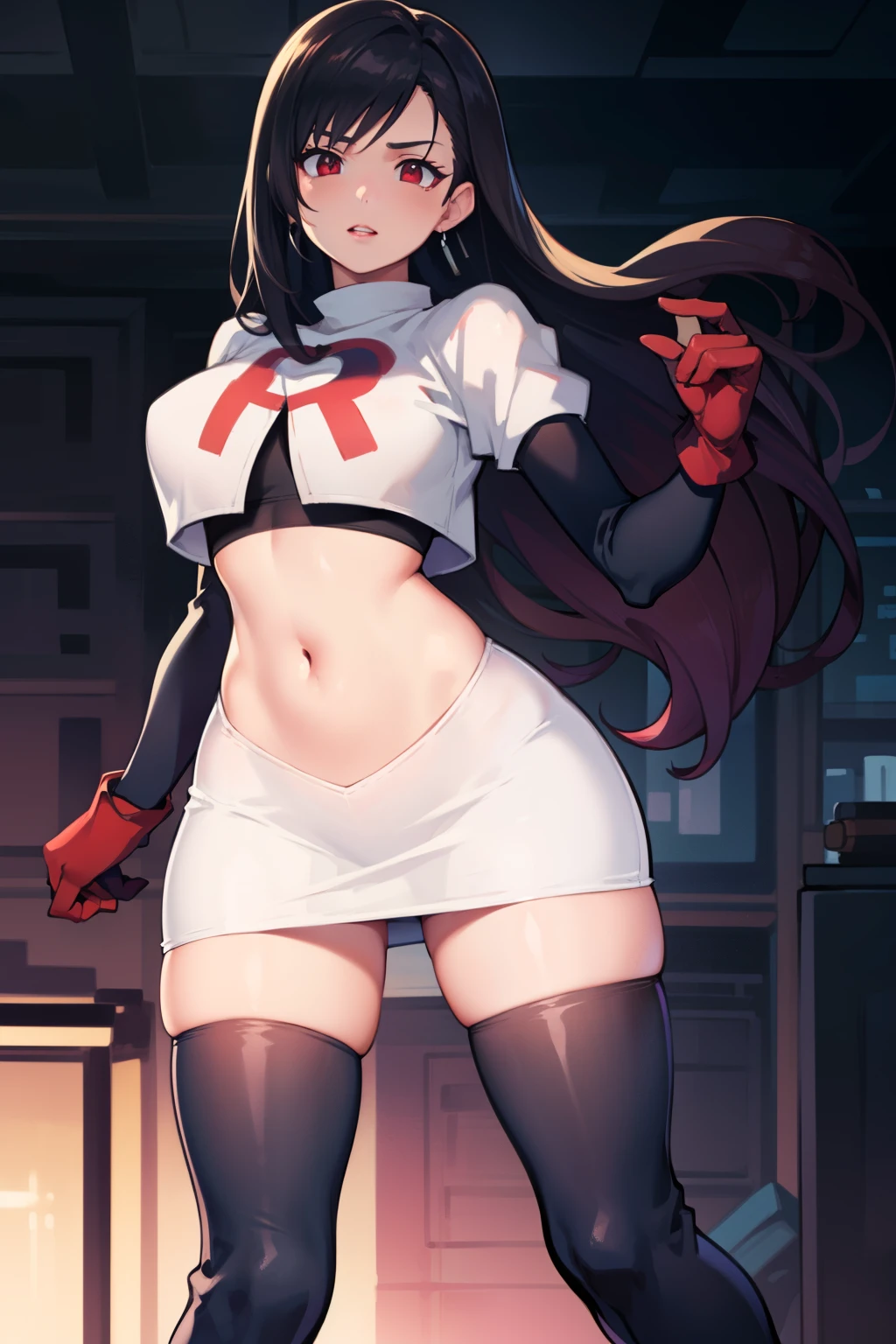 tifa ff7, black hair, long hair, red eyes ,glossy lips, light makeup, eye shadow, earrings ,team rocket,team rocket uniform, red letter R, white skirt,white crop top,black thigh-high boots, black elbow gloves,