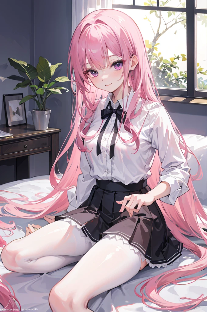 167cm height，55cm bust，RAW photogr, Camera gaze, ((quality, 8K, tmasterpiece: 1.3)), Focus sharp: 1.2, white  shirt, black short skirt，nifty features, , adorable smile, Beautiful Woman with Perfect Style: 1.4, Slim abs: 1.2, mitsukasa ayase,Purple eye，Pink medium long hair， Smaller,, (natural soft light, : 1.1), Indoors，Indoors大厅里，sit on a bed，Spread your legs open，Highly Detailed Face and Skin Textur, White transparent pantyhose，White underwear，7 figures