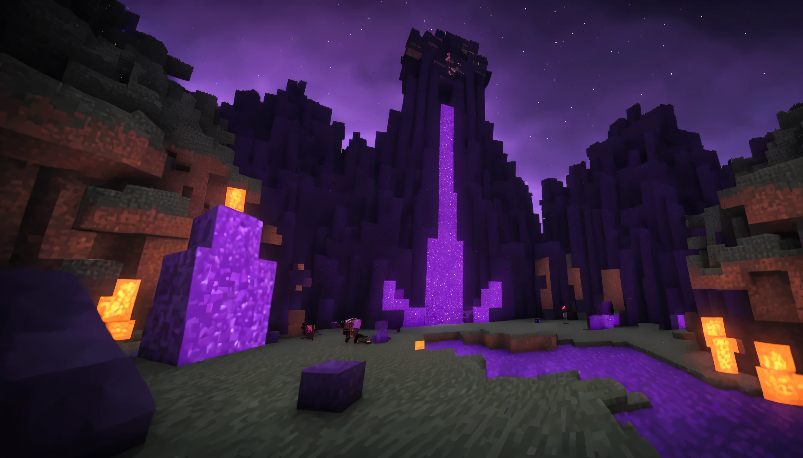 Generate a purple minecraft demonic world with a monolith
