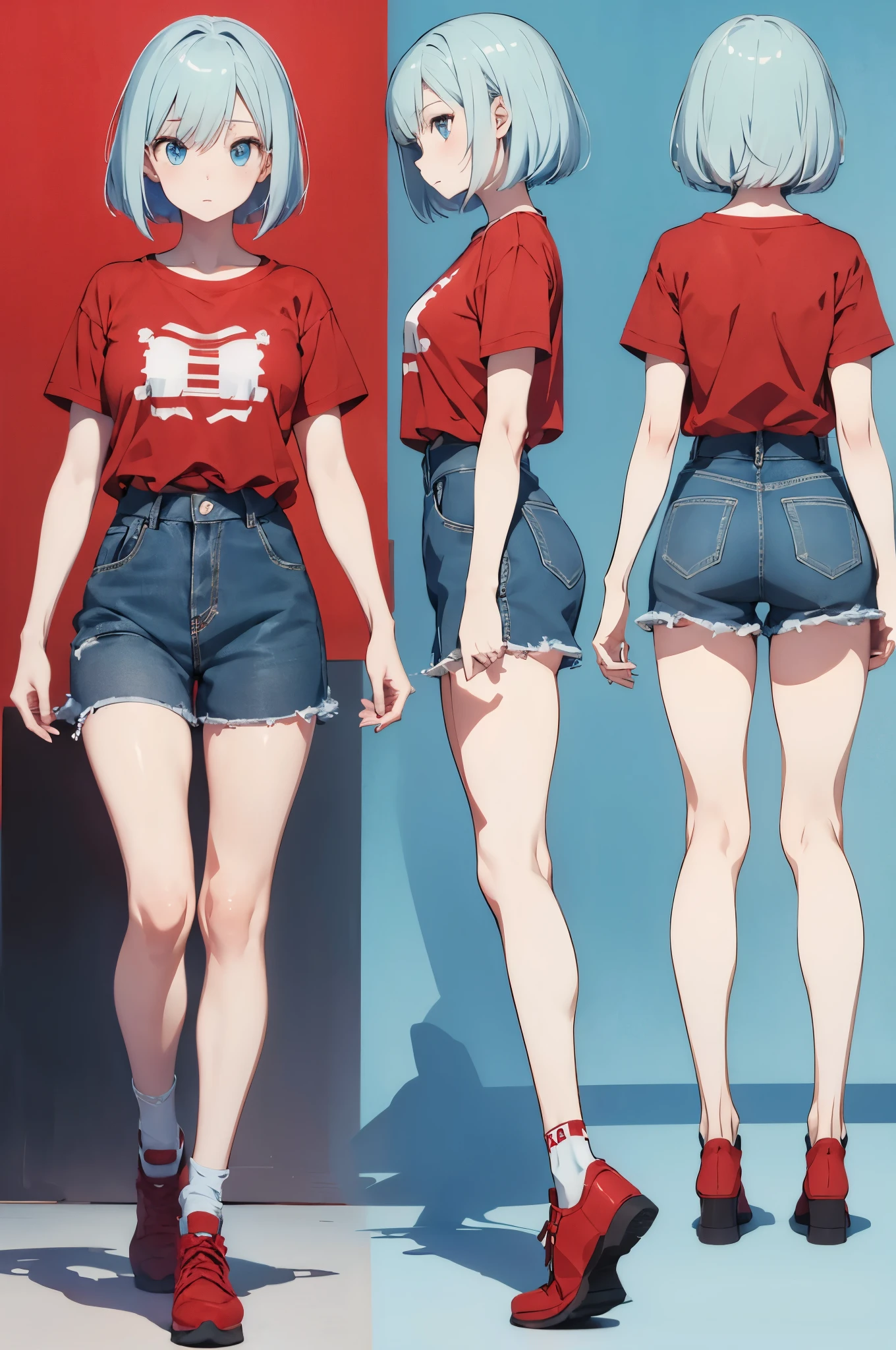 chara-sheet, sole female, pale skin, light blue eyes, light blue hair, bob cut, solid red t-shirt, blue pants, red shoes, high details, high quality, white background, breakdomain