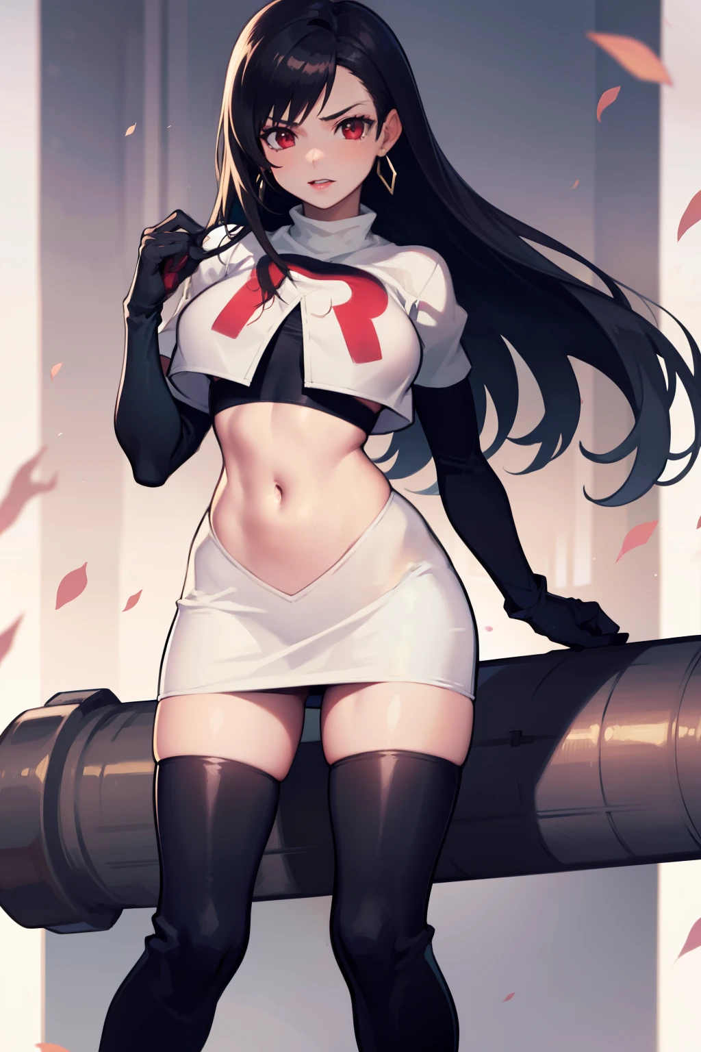 tifa ff7, black hair, long hair, red eyes ,glossy lips, light makeup, eye shadow, earrings ,team rocket,team rocket uniform, red letter R, white skirt,white crop top,black thigh-high boots, black elbow gloves,