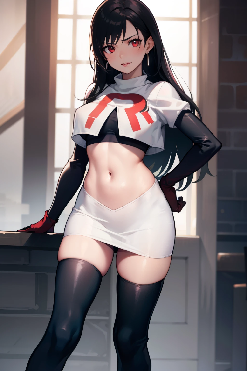 tifa ff7, black hair, long hair, red eyes ,glossy lips, light makeup, eye shadow, earrings ,team rocket,team rocket uniform, red letter R, white skirt,white crop top,black thigh-high boots, black elbow gloves,