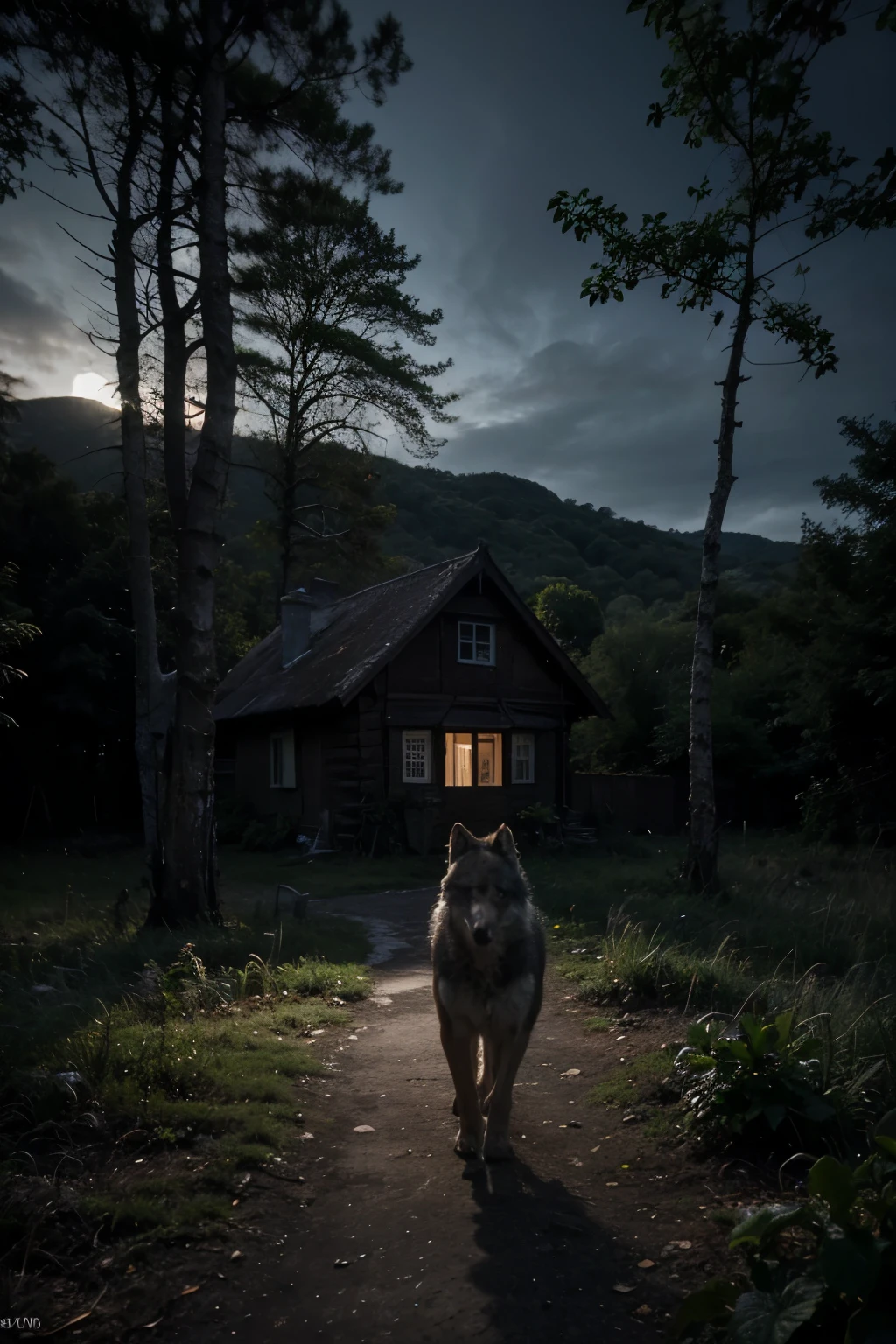 A hungry wolf is standing in a jungle. It is dark and cold. It is looking to a little old cottage. The wolf is standing in the center of image. The cottage is in the left corner.