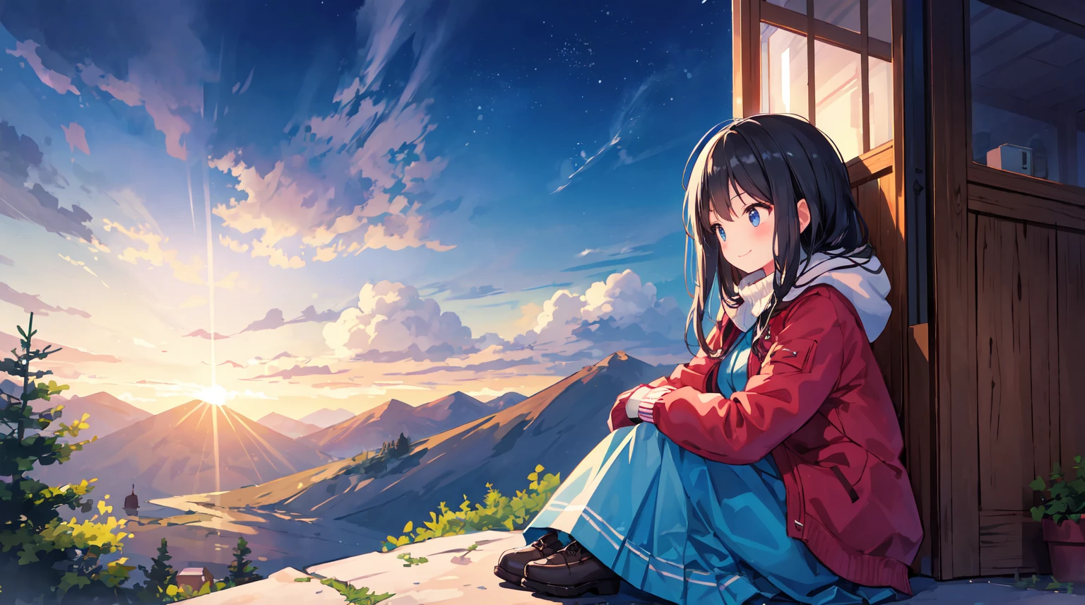 beautiful illustration, best quality, 1 girl, cute, shiny hair, black hair, (Observatory), panoramic view, down jacket, long skirt, sitting, (looking away), Before dawn, smile, outdoors