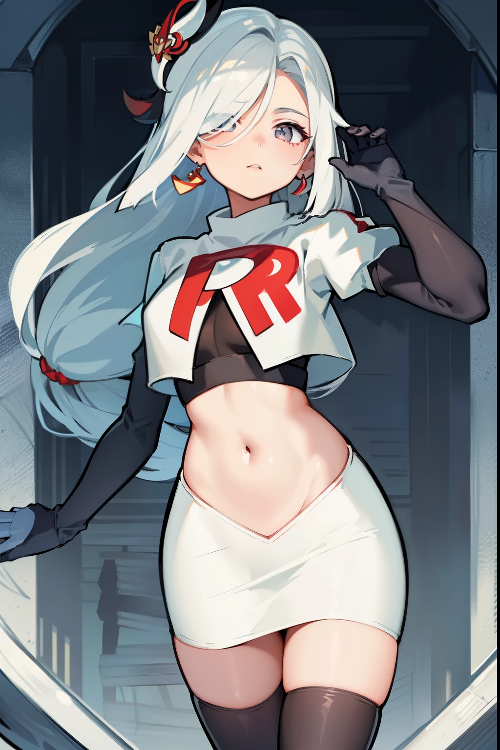 masterpiece, best quality, shenhe \(genshin impact\),hair cover one eye, grey eyes, long hair, 1girl, solo, earrings, hair ornament, team rocket,team rocket uniform, red letter R, white skirt,white crop top,black thigh-highs,black elbow gloves