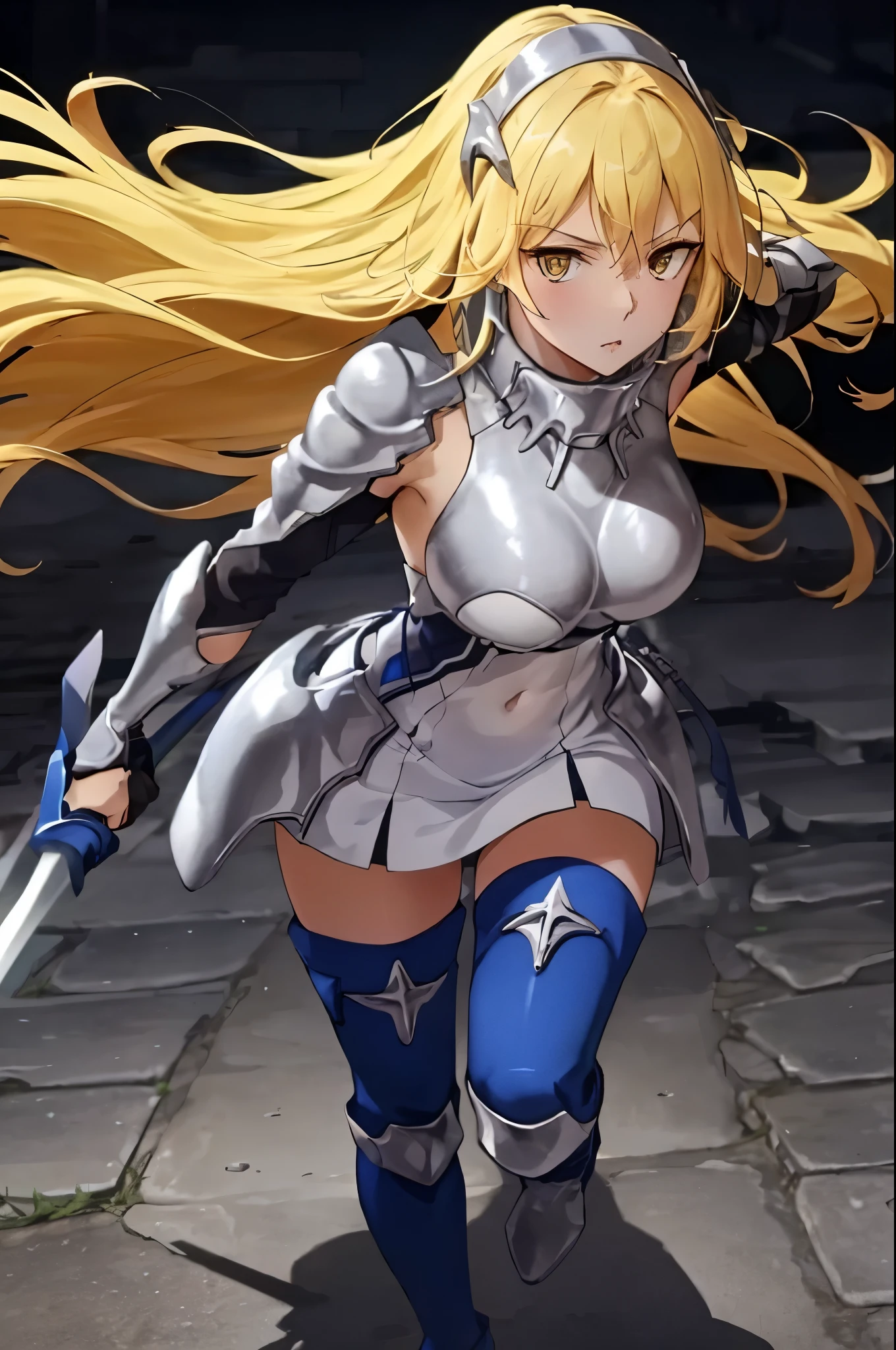 masuter piece, Best Quality, 超A high resolution, top-quality, Anime style, The best lighting, Beautiful face, iced, 1girl in, Solo, Blonde hair, armor, Long hair, Straight hair, thighs thighs thighs thighs, long boots, Dress, Yellow eyes, thigh long boots, blue long long boots, blue footwear, Covered navel, breastplates, shoulder armor, gloves, white Dress outdoor, in fighting, Hold your sword, rapier, Face Focus