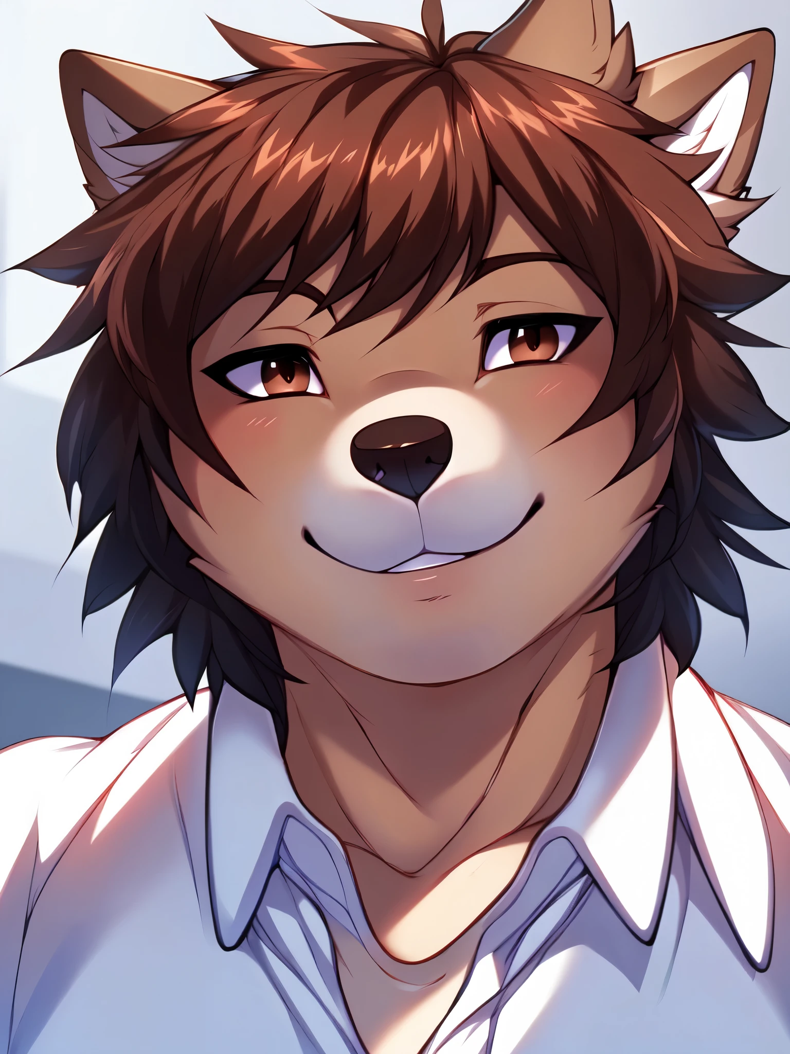 Solo:1.3, Jaiden, cute brown wolf male, cute snout, detailed brown eyes, white sclera, wearing white button up shirt, by hyattlen, by braeburned, by fumiko, by hioshiru, grinning, high resolution, selfie shot, low angle shot, chubby:1.3, fat:1.3, double chin, goofy looking face, chubby cheeks, front view