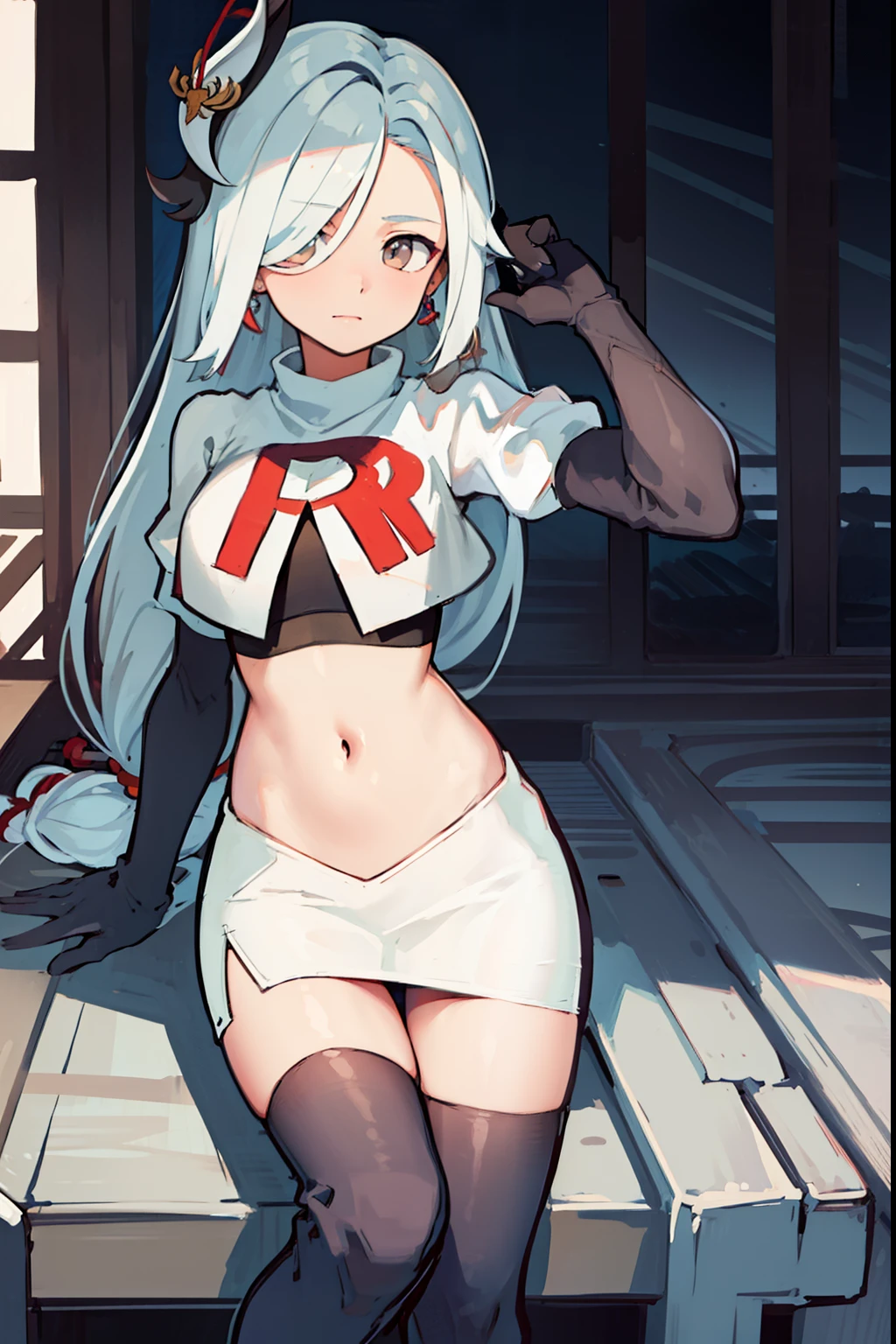 masterpiece, best quality, shenhe \(genshin impact\),hair cover one eye, grey eyes, long hair, 1girl, solo, earrings, hair ornament, team rocket,team rocket uniform, red letter R, white skirt,white crop top,black thigh-highs,black elbow gloves