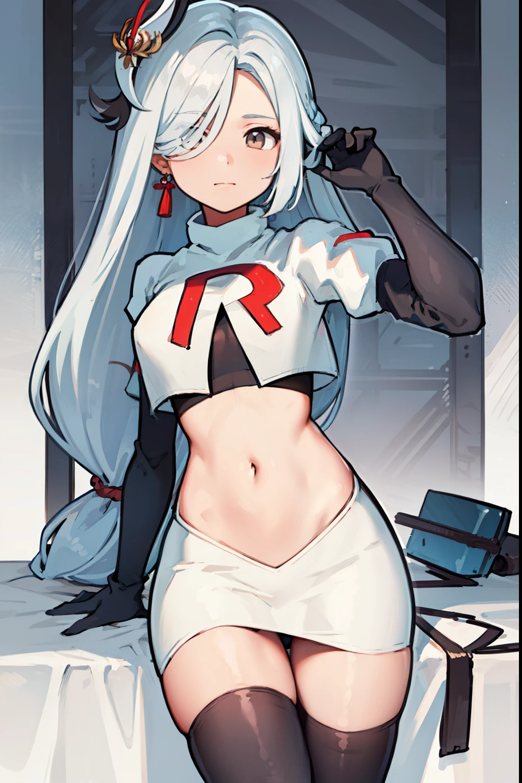 masterpiece, best quality, shenhe \(genshin impact\),hair cover one eye, grey eyes, long hair, 1girl, solo, earrings, hair ornament, team rocket,team rocket uniform, red letter R, white skirt,white crop top,black thigh-highs,black elbow gloves