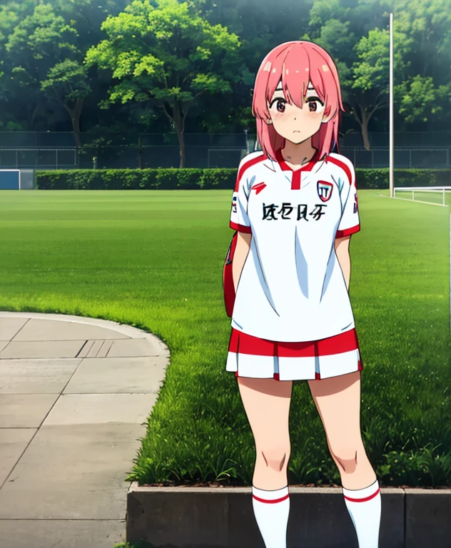 (((perfect pixels, perfect details))), alone, 1 girl, sumi sakurasawa, soccer shirt, soccer jersey, looking at viewer, blushing, embarrassed, white skirt short, skirt, white color, soccer shirt, Peruvian shirt, Peruvian shirt, white shirt with red, white with red stripe, soccer shirt