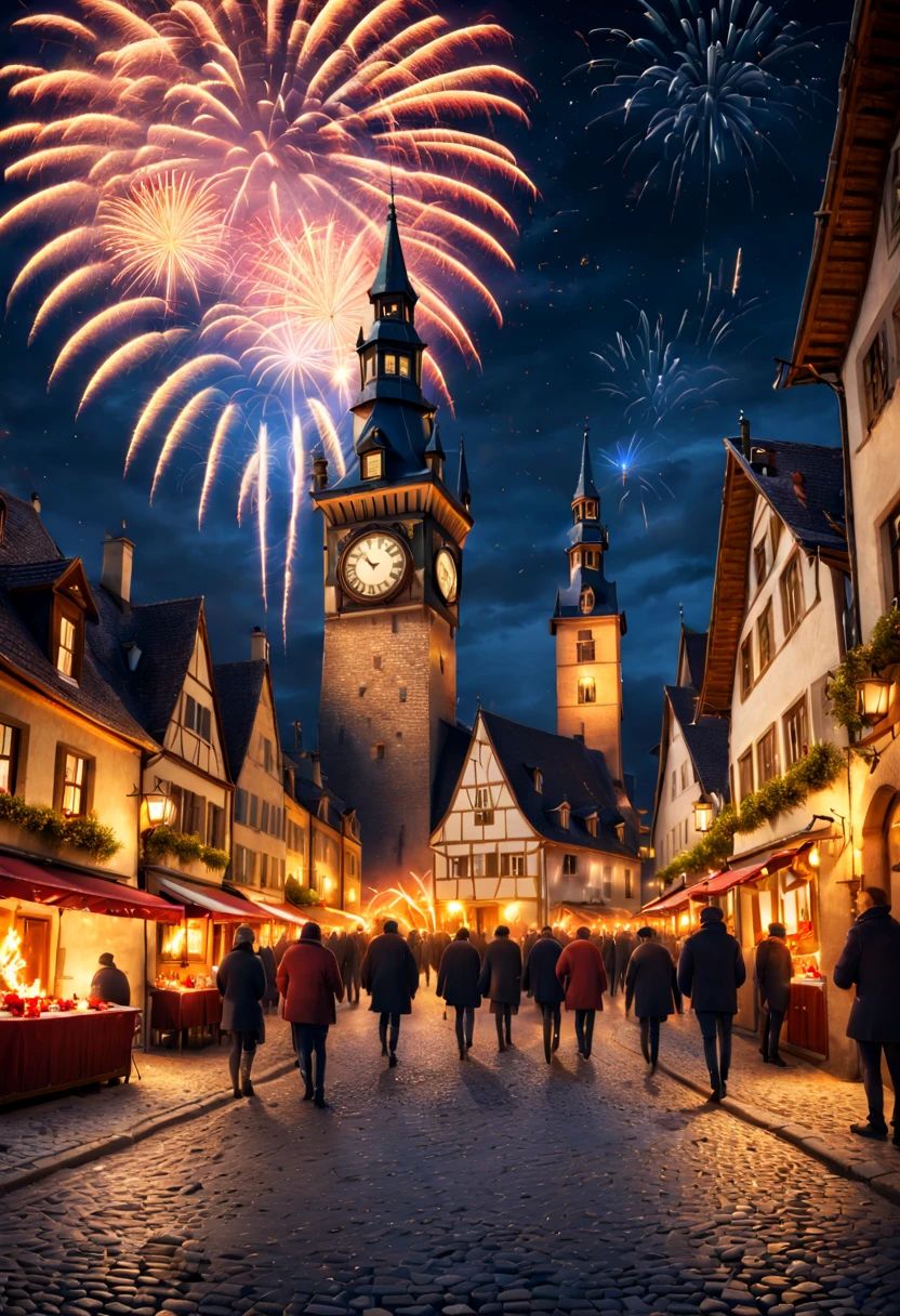 New Year's Eve celebration in a quaint European village square, fireworks bursting in starry sky, cobblestone streets, revelers in festive attire, ancient clock tower striking midnight, (warm glowing lights:1.2) (vibrant colors) (high detail) (photorealistic) (wide angle)