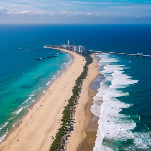(masterpiece, top quality: 1.1), bird's eye view, asymmetry, blue sea, low tide, sea wave, sea route, coastal road, sandy beach, shell, pier, yacht, boat, ship wake, shipwreck, steamer, contrail, car, tourist, lighthouse, seagull , horizon, wind, summer, hat, morning, sunny, cloud, calm, fresh air, depth of field
