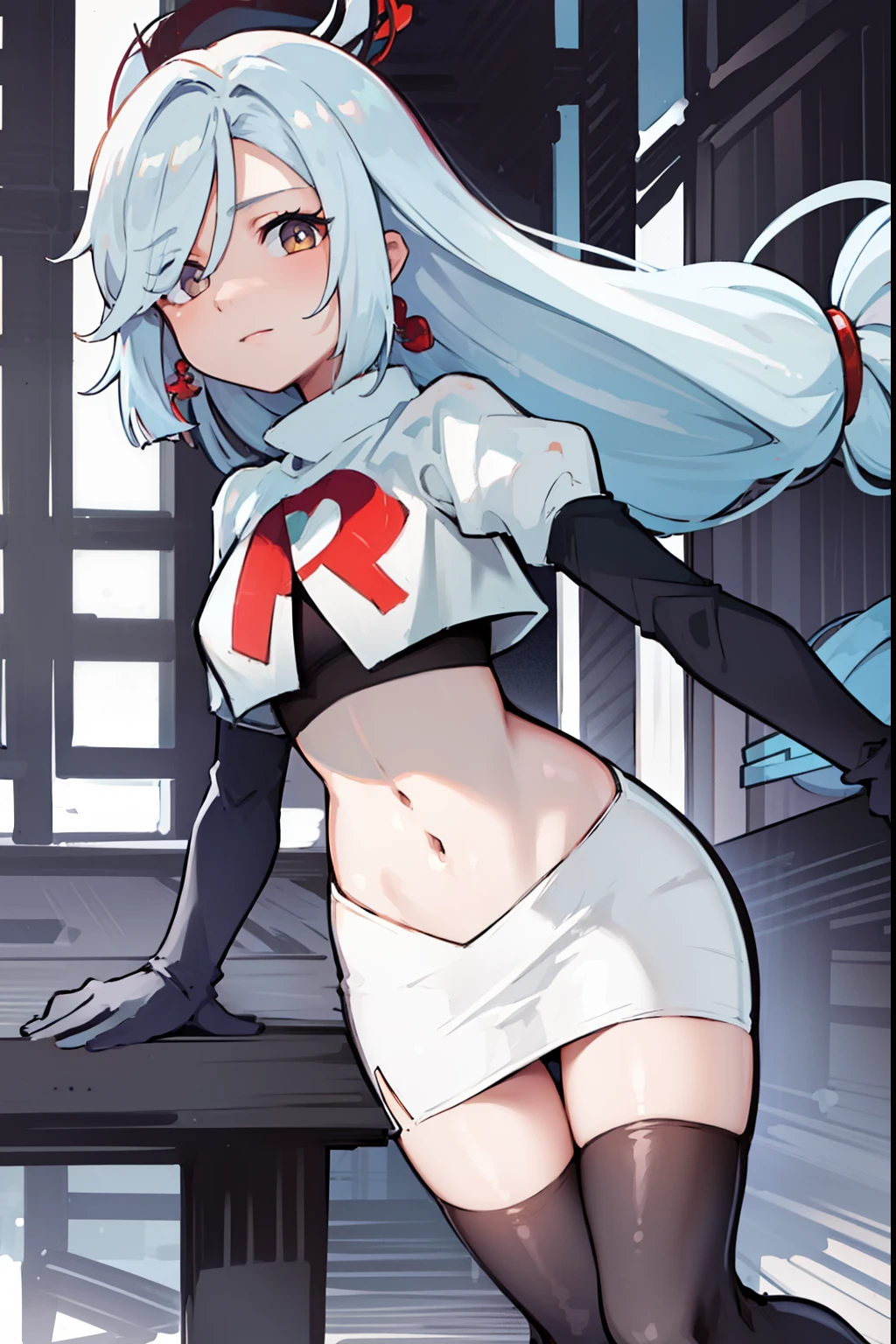 masterpiece, best quality, shenhe \(genshin impact\),hair cover one eye, grey eyes, long hair, 1girl, solo, earrings, hair ornament, team rocket,team rocket uniform, red letter R, white skirt,white crop top,black thigh-highs,black elbow gloves