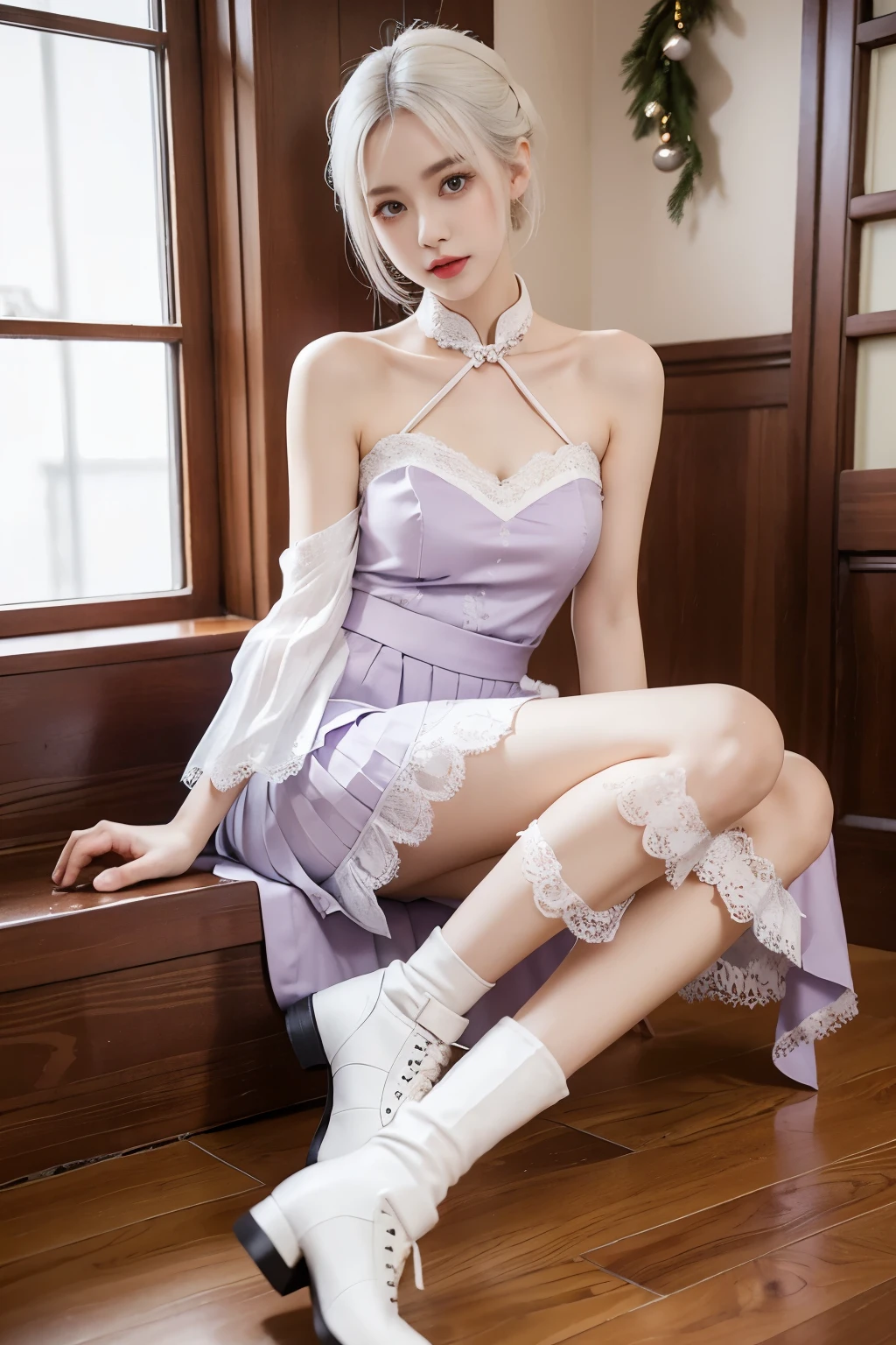 Bare shoulders, pale skin, white hair, purple eyes, collarbone, pleated skirt, ankle boots, retro style,qingsha,indoors, scatter rocks, Hanama wine, qipao, christmas, 21yo girl, lace lolita