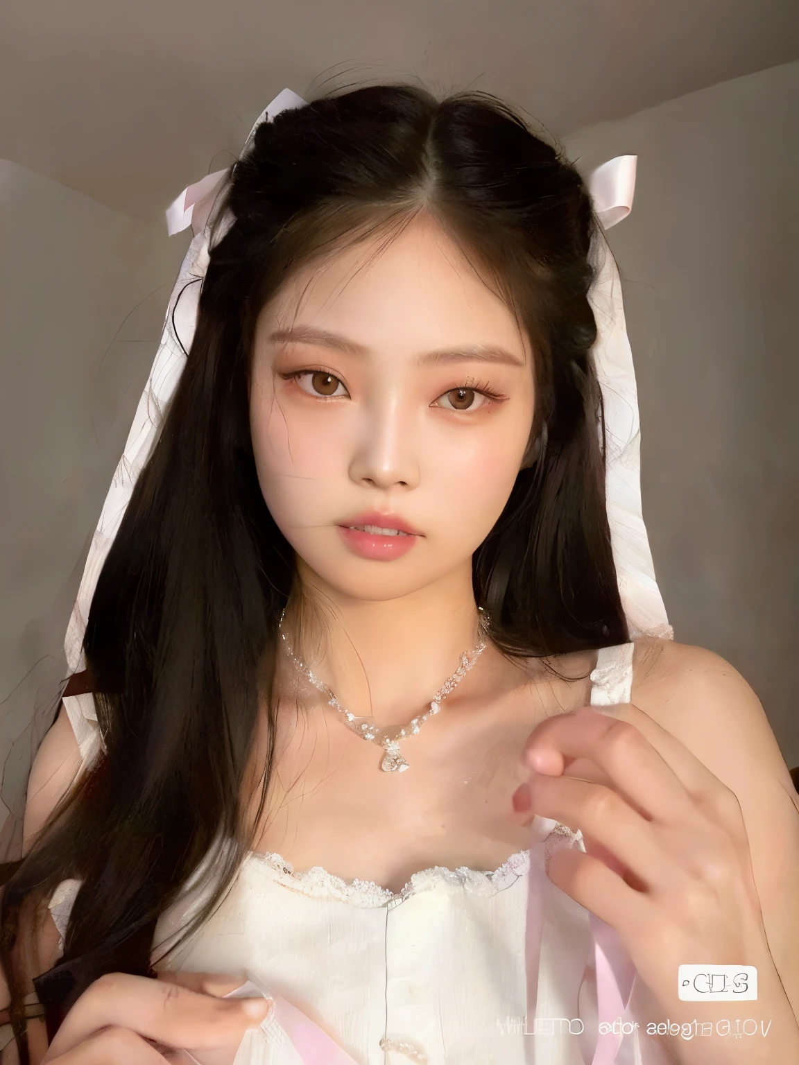 a close-up of a woman wearing a white dress and a pink bow, jennie blackpink, Ulzzang, maquiagem sul-coreana popular, young adorable korean face, wan adorable korean face, linda Delphine, maquiagem coreana popular, coreana, Mulher sul-coreana bonita, young cute wan asian face, Jaeyeon Nam, mulher coreana jovem bonita, linda mulher coreana jovem