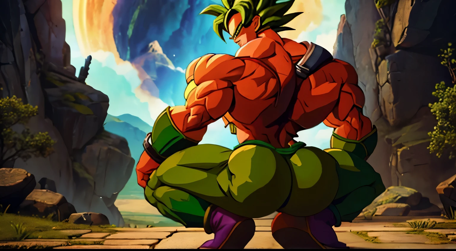 1man, (((Broly, legendary super saiyan, super saiyan, Broly from Dragon Ball))), BrolyCuloMeme squatting, ass, muscular, masterpiece, best quality, ultra high quality