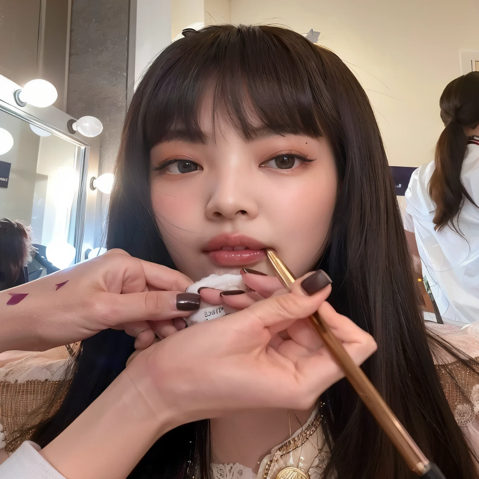 mulher arrasada com pauzinhos e um espelho em uma sala, Lalisa Manobal, Lalisa Manoban do Blackpink, popular south korean maquiagem, franja de cortina, Shikami, O corte Hime, dilraba dilmurat, jossi do blackpink, maquiagem, Gongbi, popular korean maquiagem, com franja completa, Jaeyeon Nam
