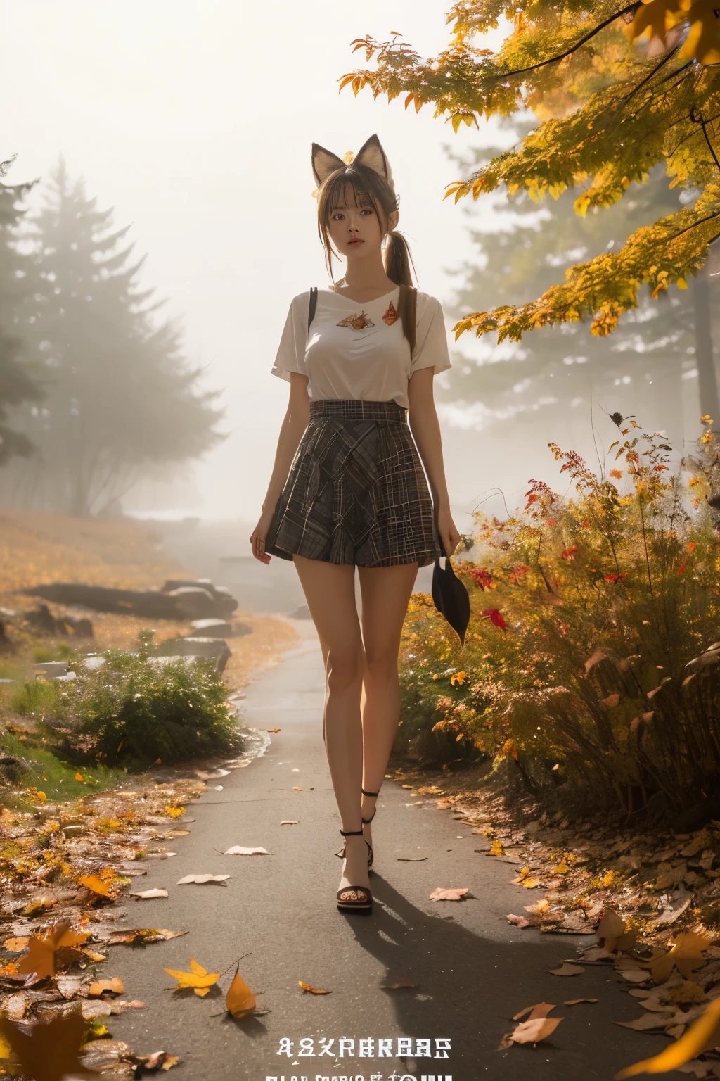 1girl, solo, looking at viewer, sitting, fox ears, full body, strappy heels,plaid shirt, short sleeves,jacket, bow, bangs, low ponytail, blonde hair fox tail, fox girl, kitsune, ((autumn, outdoors, day, forest, falling leaves, bird, leaf)), (fog, dyntall effect), (wide shot, panorama, full body, depth of field),(movie poster,english text),(Flagstone road,branches)