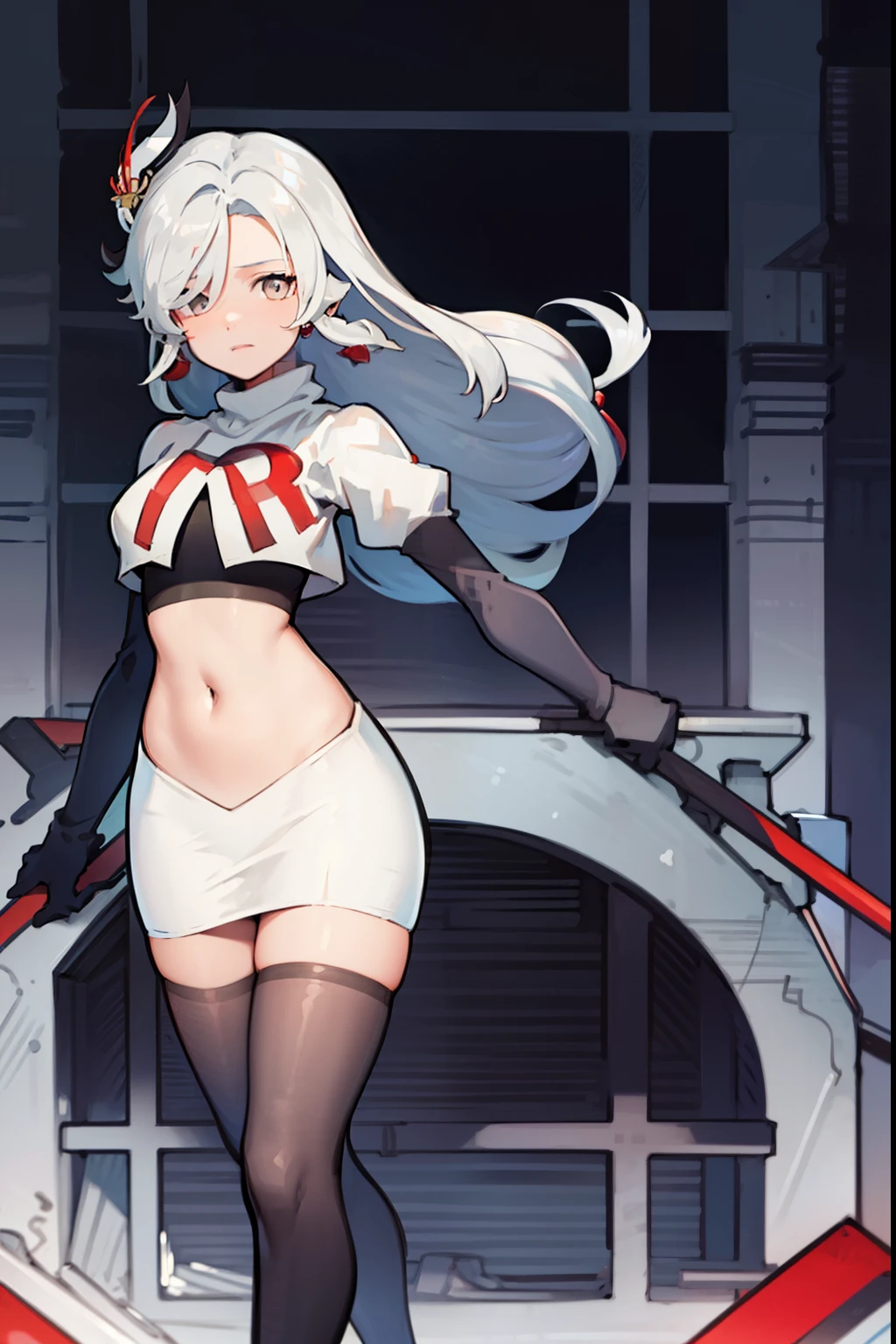 masterpiece, best quality, shenhe \(genshin impact\),hair over one eye, grey eyes, long hair, 1girl, solo, earrings, hair ornament, team rocket,team rocket uniform, red letter R, white skirt,white crop top,black thigh-highs,black elbow gloves