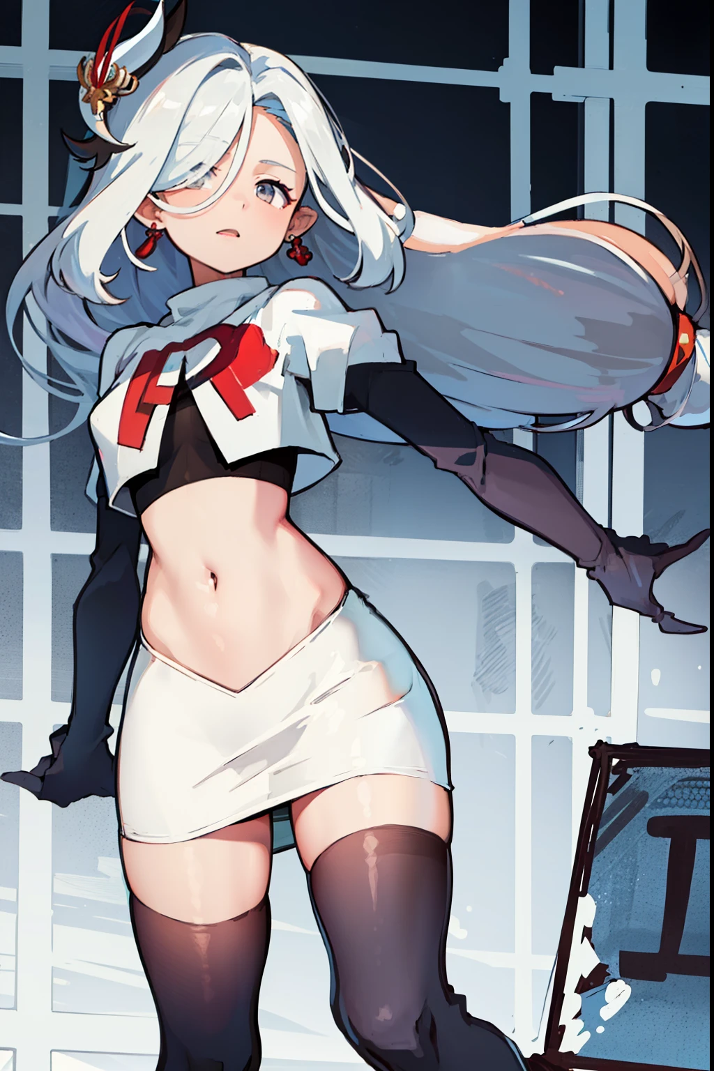 masterpiece, best quality, shenhe \(genshin impact\),hair over one eye, grey eyes, long hair, 1girl, solo, earrings, hair ornament, team rocket,team rocket uniform, red letter R, white skirt,white crop top,black thigh-highs,black elbow gloves