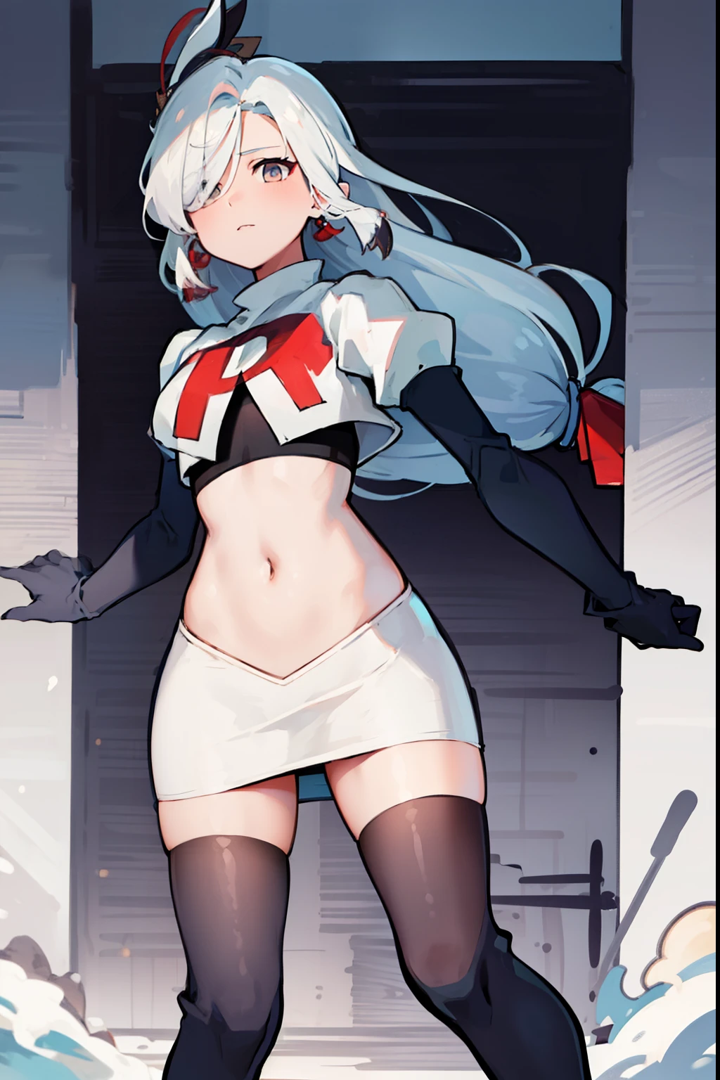 masterpiece, best quality, shenhe \(genshin impact\),hair over one eye, grey eyes, long hair, 1girl, solo, earrings, hair ornament, team rocket,team rocket uniform, red letter R, white skirt,white crop top,black thigh-highs,black elbow gloves