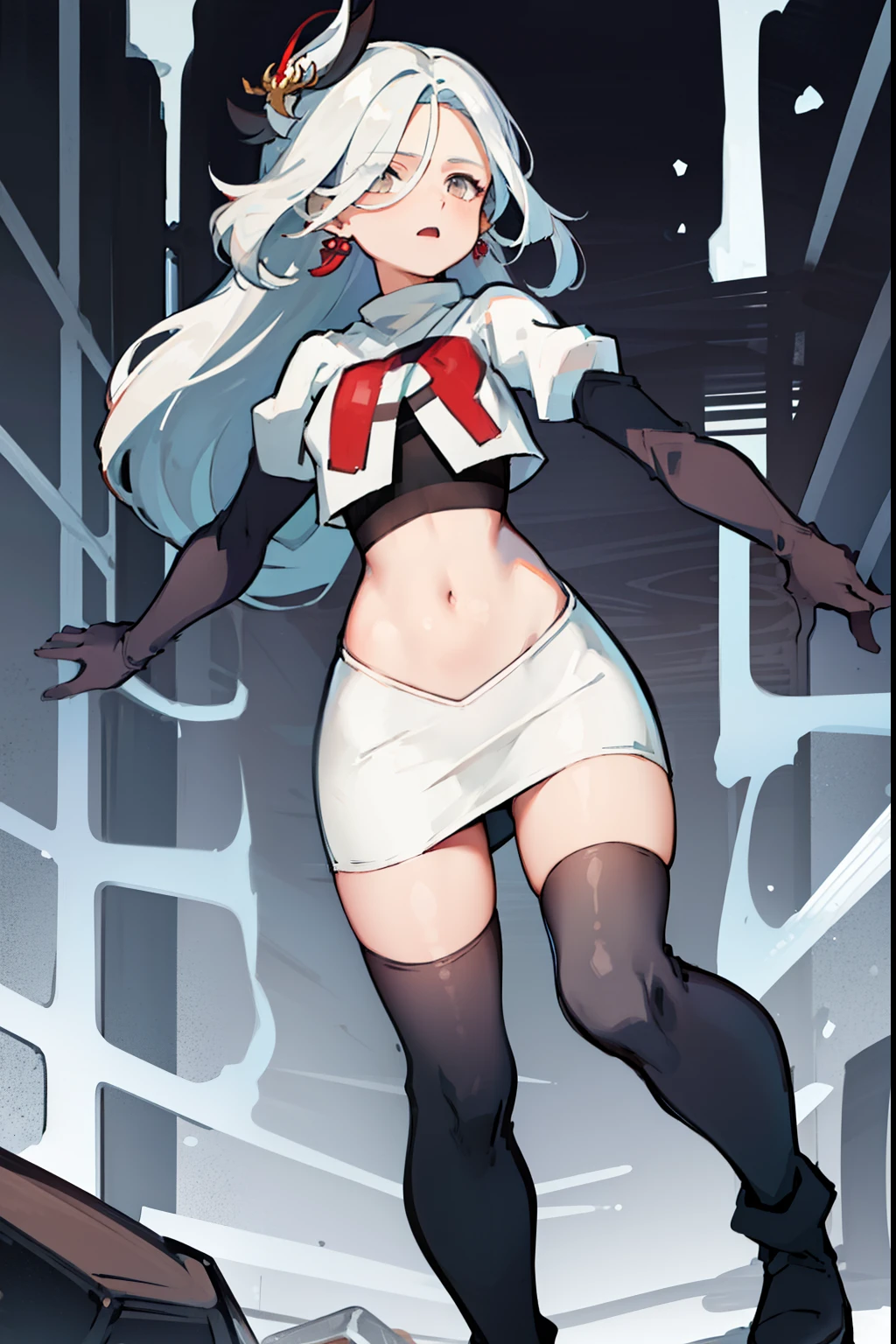 masterpiece, best quality, shenhe \(genshin impact\),hair over one eye, grey eyes, long hair, 1girl, solo, earrings, hair ornament, team rocket,team rocket uniform, red letter R, white skirt,white crop top,black thigh-highs,black elbow gloves