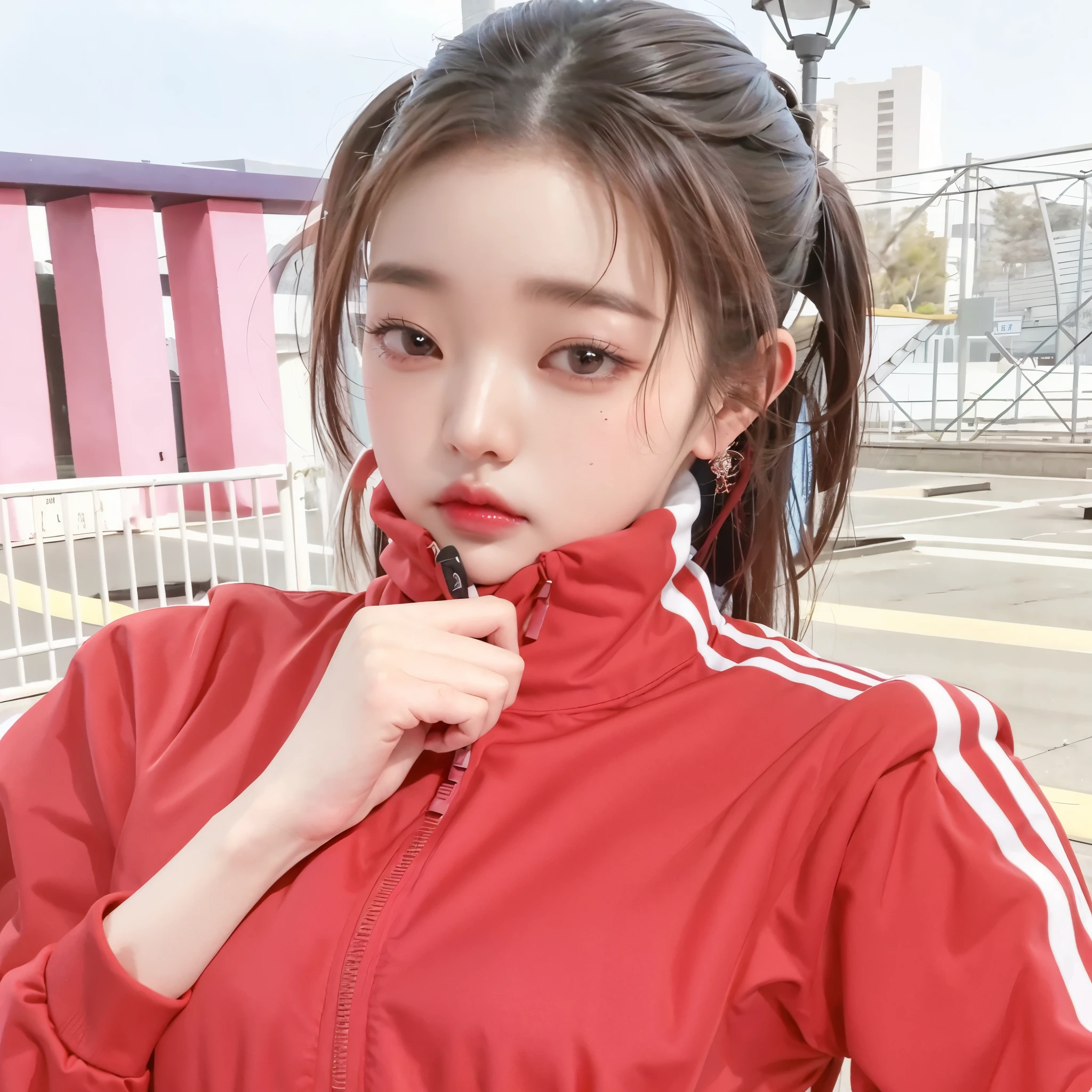 un primer plano de una mujer con una chaqueta roja posando para una foto, Llevar traje de atletismo, wearing a track suit, dilraba dilmurat, Chiho, ulzzang, Blackpink Jennie, Heonhwa Choe, Sha Xi, wearing a track suit, Parque Ji-min, Lee Ji-eun, Lee Ji - Eun