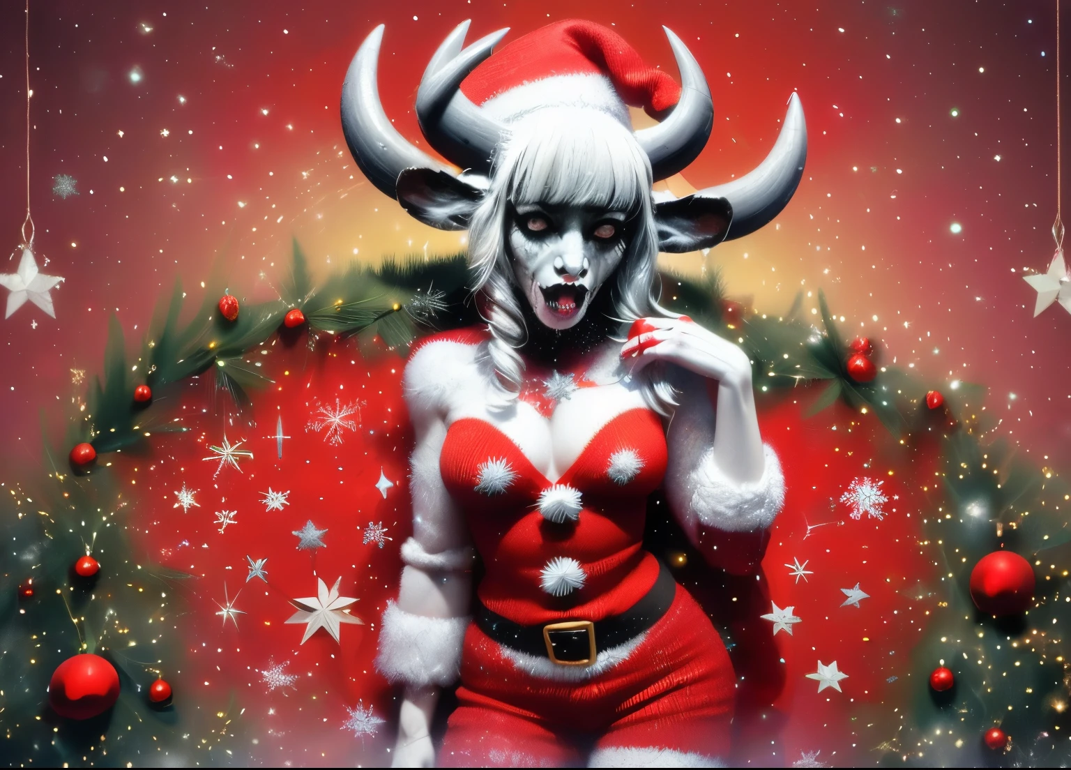 Senhorita Natal, Cosmic Terror, entidade mais velha,  Cristmas, female Cosmic ,(((Terror Cristmas))), horns goat, Miss Santa, (((trajes natalinos vermelhoace sombria, olhos brilhantes, escuro.