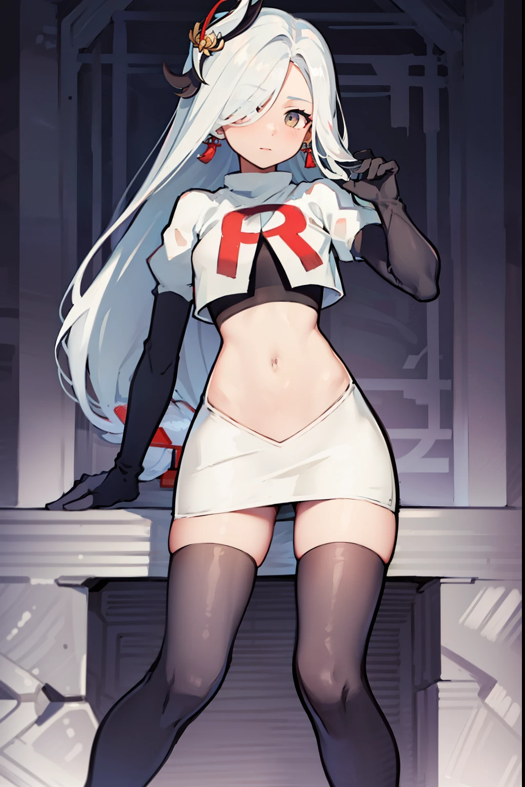 masterpiece, best quality, shenhe \(genshin impact\),hair over one eye, grey eyes, long hair, 1girl, solo, earrings, hair ornament, team rocket,team rocket uniform, red letter R, white skirt,white crop top,black thigh-highs,black elbow gloves