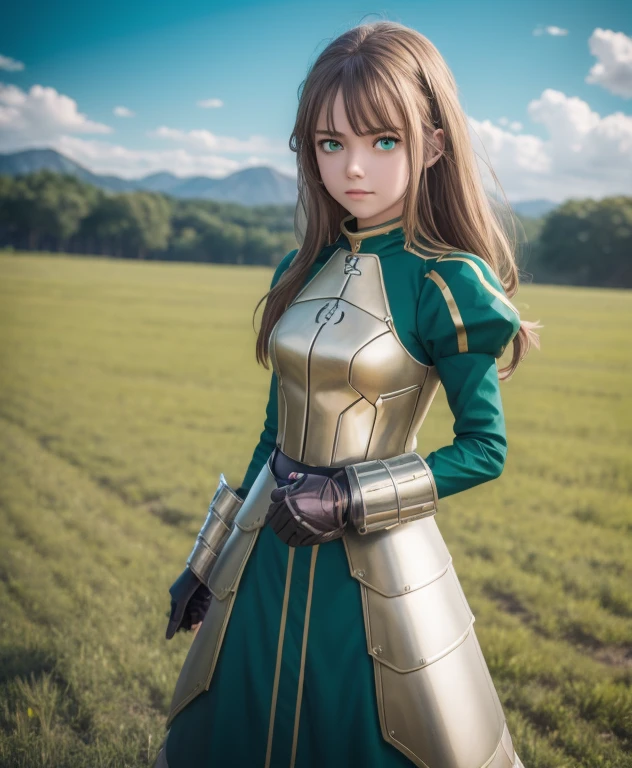 1 girl,masterpiece, best quality, high resolution, aasaber, green eyes, ahoge, gauntlets, standing, cowboy shot, outdoor, field, grass