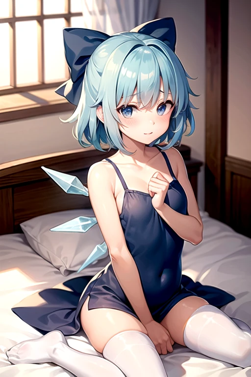 Cirno,bed,thighhighs,shy,ablush,sensuality,((Best quality at best)), ((tmasterpiece)),